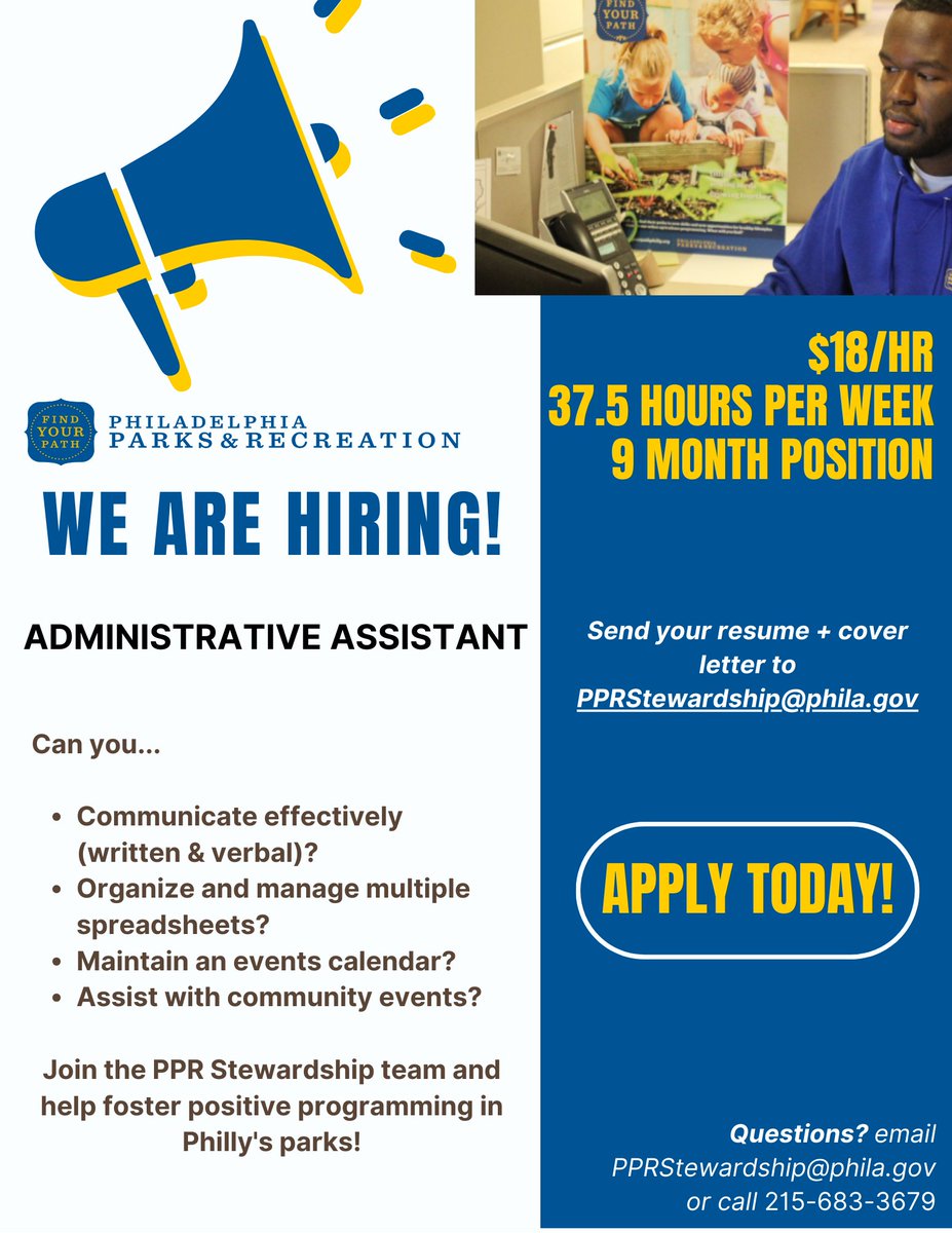 Philadelphia Parks & Recreation (@philaparkandrec) on Twitter photo ๐ข We're hiring!
Administrative Assistant
๐ฐ $18/hr | 37.5 hrs/week | 9-month role
๐ง Send resume + cover letter: PPRStewardship@phila.gov
phila.gov/documents/philโฆ
#PhillyJobs #NowHiring #PPRStewardship ๐ข We're hiring!
Administrative Assistant
๐ฐ $18/hr | 37.5 hrs/week | 9-month role
๐ง Send resume + cover letter: PPRStewardship@phila.gov
phila.gov/documents/philโฆ
#PhillyJobs #NowHiring #PPRStewardship