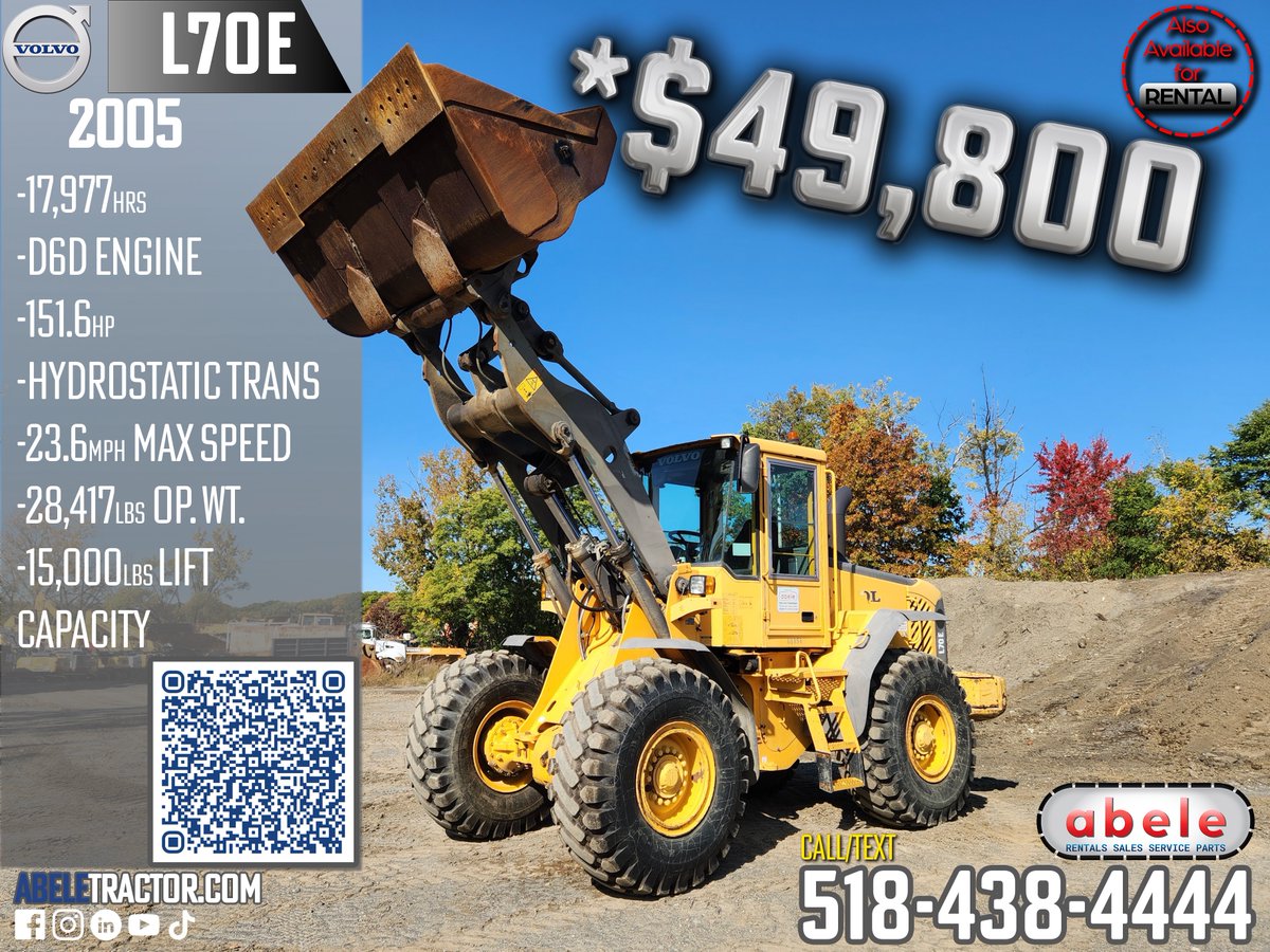 AbeleTractor's tweet image. 🚜 Machine of the Day 🚜

The 2005 Volvo L70E Wheel Loader is BACK from winter rental &amp;amp; ready to work!
Volvo D6D Turbo Diesel Engine
15,000 lb lift, 22,000 lb breakout force
📲 Text &apos;RENT&apos; for rates or &apos;SALES&apos; for inquiries. 
518-438-4444
 @volvoce #HeavyEquipment #VolvoLoader