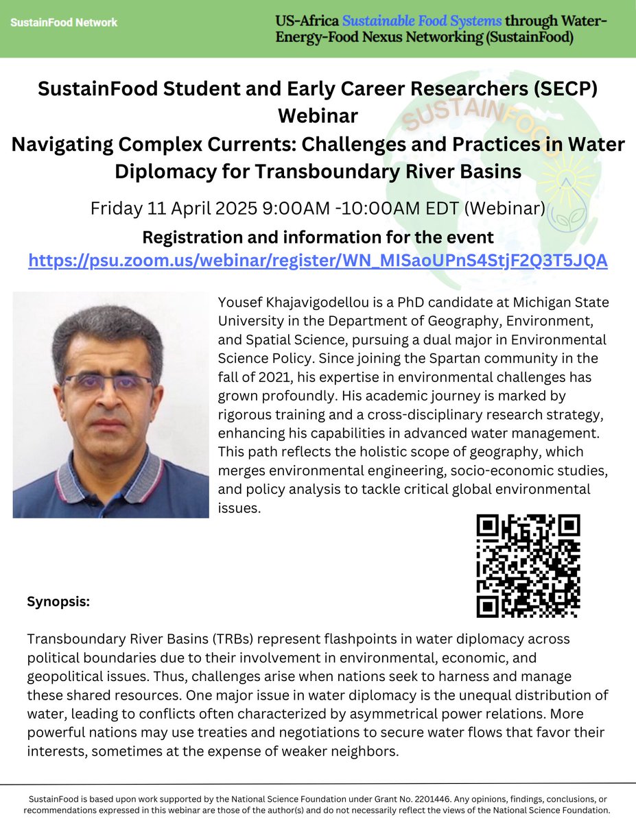 Please join SustainFood as we host Yousef for

Navigating Complex Currents: Challenges and Practices in Water Diplomacy for Transboundary River Basins

Friday 11 April 2025, 9 AM EDT Register @ psu.zoom.us/webinar/regist…