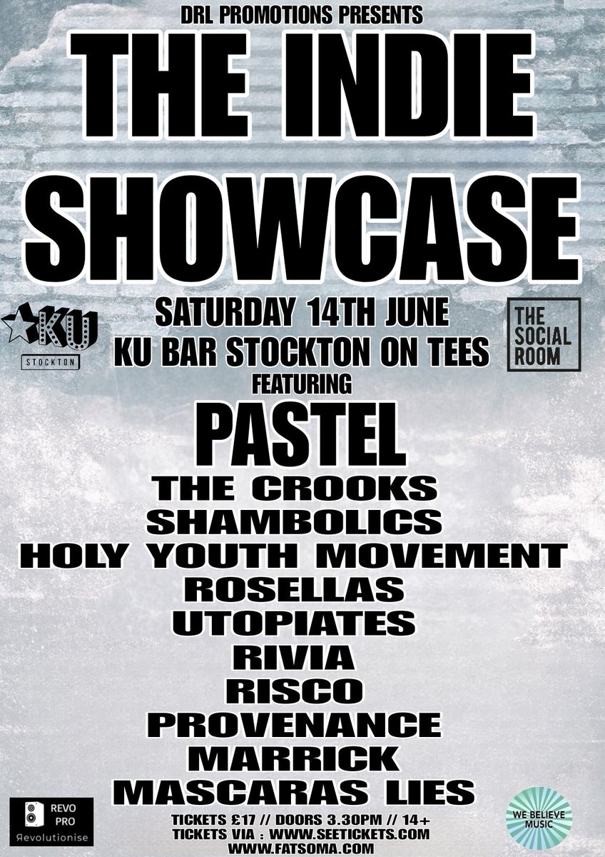 D R L PROMOTIONS (@awaydayr) on Twitter photo We are BACK with another BIG Indie Showcase!
Saturday 14th June at KU BAR Stockton
Line Up
<a href="/Pastelbanduk/">Pastel</a>
<a href="/TheCrooksUK/">The Crooks</a>
<a href="/shambolicsmusic/">Shambolics</a>
<a href="/HYMovement/">Holy Youth Movement</a>
<a href="/TheUtopiates/">The Utopiates</a>
<a href="/RosellasBand/">Rosellas</a>
<a href="/RIVIA_BAND/">RIVIA</a>
<a href="/RiscoBand/">Risco</a>
<a href="/themarrick/">The Marrick</a>
Provenance
Mascaras Lies
seetickets.com/event/the-indi… We are BACK with another BIG Indie Showcase!
Saturday 14th June at KU BAR Stockton
Line Up
<a href="/Pastelbanduk/">Pastel</a>
<a href="/TheCrooksUK/">The Crooks</a>
<a href="/shambolicsmusic/">Shambolics</a>
<a href="/HYMovement/">Holy Youth Movement</a>
<a href="/TheUtopiates/">The Utopiates</a>
<a href="/RosellasBand/">Rosellas</a>
<a href="/RIVIA_BAND/">RIVIA</a>
<a href="/RiscoBand/">Risco</a>
<a href="/themarrick/">The Marrick</a>
Provenance
Mascaras Lies
seetickets.com/event/the-indi…