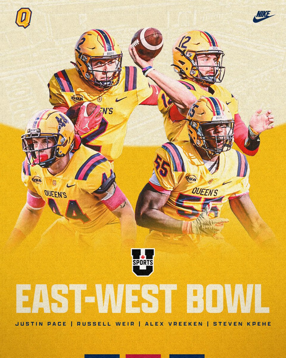 TEAM EAST! 👊 

Four Queen's Football student-athletes will suit up in the U SPORTS East-West Bowl on Saturday, May 10, at 12:30 p.m. ET in Waterloo!

QB - Alex Vreeken
REC - Russell Weir
LB - Justin Pace
DE - Steven Kpehe

🗞️: gogaelsgo.com

#ForGold | #ChaGheill