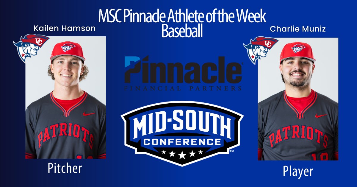 Mid-South Conference (@midsouthsports) on Twitter photo ⚾️Baseball⚾️
.<a href="/UC_Patriots/">UC Athletics</a> SWEEP🧹 this weeks honors as Kailen Hamson earns Pitching honors‼️‼️
Teammate Charlie Muñiz earns Player of the Week honors after a record breaking performance‼️‼️
Check out the full release below👇👇
🔗 tinyurl.com/5acfx9zd ⚾️Baseball⚾️
.<a href="/UC_Patriots/">UC Athletics</a> SWEEP🧹 this weeks honors as Kailen Hamson earns Pitching honors‼️‼️
Teammate Charlie Muñiz earns Player of the Week honors after a record breaking performance‼️‼️
Check out the full release below👇👇
🔗 tinyurl.com/5acfx9zd