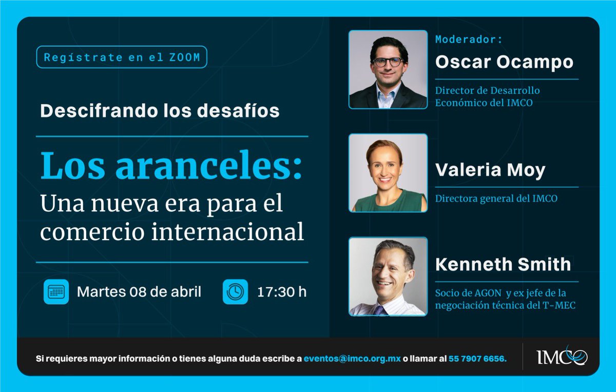 IMCO (@imcomx) on Twitter photo La imposición de aranceles está cambiando el comercio global. ¿Qué productos se verán afectados? 🇲🇽 ¿Cómo impactará a México? 💻Acompáñanos mañana a las 17:30 h con <a href="/ValeriaMoy/">Valeria Moy</a>, <a href="/OscarOcampo/">Oscar Ocampo</a> y <a href="/KenSmithramos/">Kenneth Smith Ramos</a> para resolver estas y más dudas. 🔗 Regístrate: bit.ly/4hYGvTn La imposición de aranceles está cambiando el comercio global. ¿Qué productos se verán afectados? 🇲🇽 ¿Cómo impactará a México? 💻Acompáñanos mañana a las 17:30 h con <a href="/ValeriaMoy/">Valeria Moy</a>, <a href="/OscarOcampo/">Oscar Ocampo</a> y <a href="/KenSmithramos/">Kenneth Smith Ramos</a> para resolver estas y más dudas. 🔗 Regístrate: bit.ly/4hYGvTn