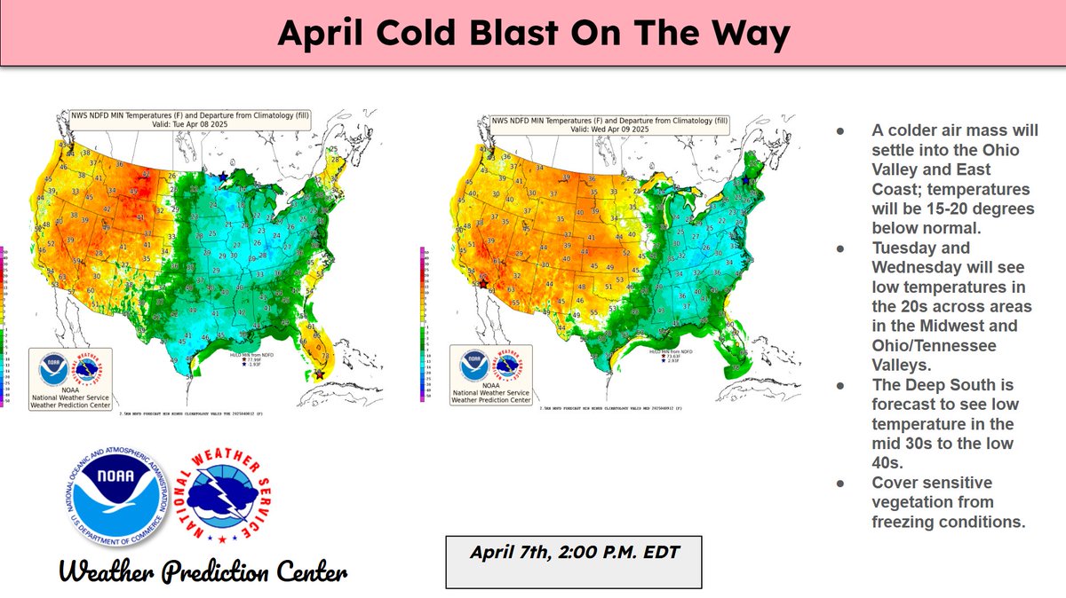 Cold temperatures, near or below freezing, on Tuesday and Wednesday mornings will be felt across areas that were impacted by the recent multi-day storms.  Cold weather precautions should be taken, especially for sensitive individuals or for recovery operations.