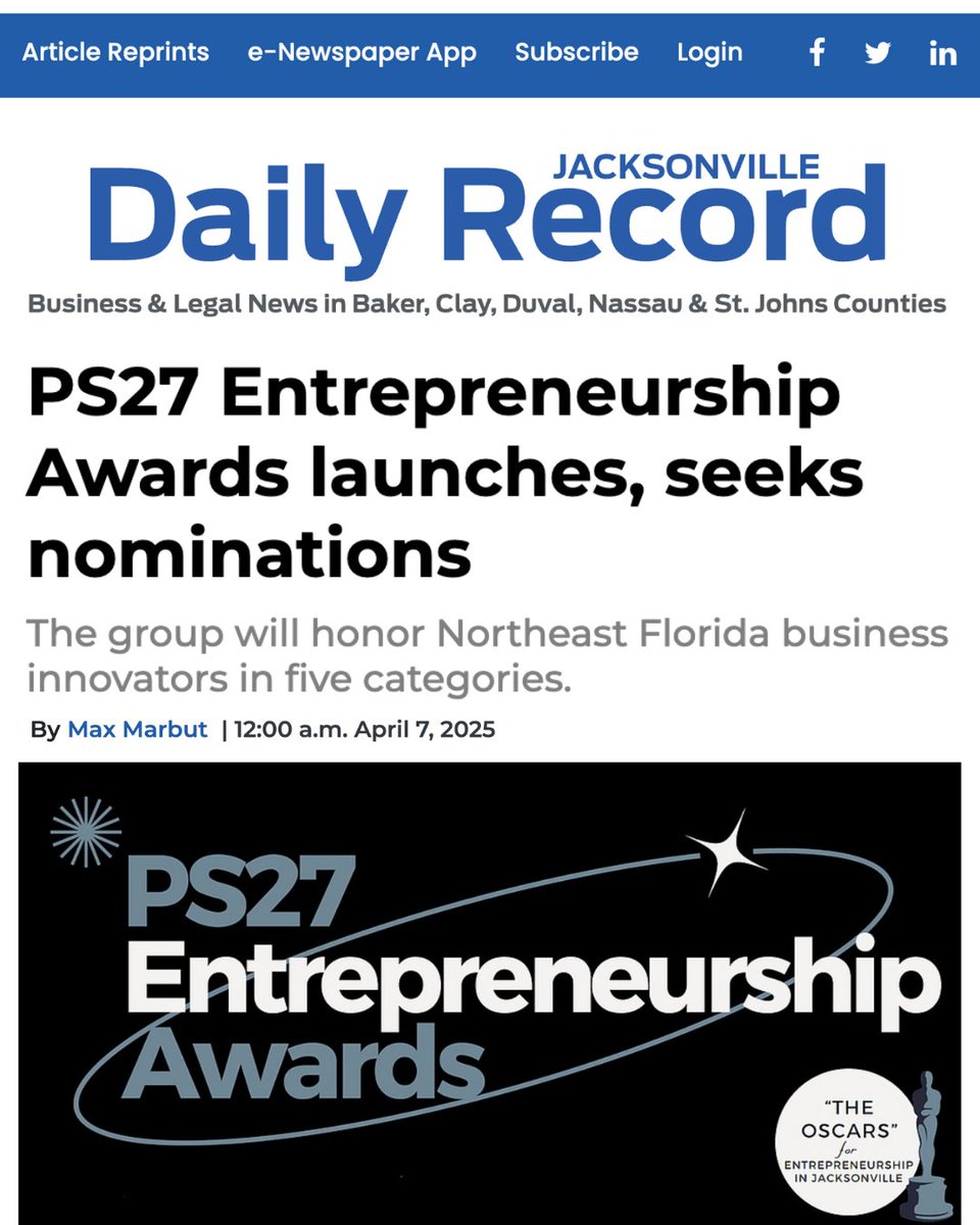 PS27 Ventures (@ps27ventures) on Twitter photo "For the past 12 years, PS27 Ventures has connected small business startups with more than $50 million in venture capital." Read the article by Max Marbut in today's <a href="/JaxDailyRecord/">Jacksonville Daily Record & Observer</a>. jaxdailyrecord.com/news/2025/apr/… "For the past 12 years, PS27 Ventures has connected small business startups with more than $50 million in venture capital." Read the article by Max Marbut in today's <a href="/JaxDailyRecord/">Jacksonville Daily Record & Observer</a>. jaxdailyrecord.com/news/2025/apr/…