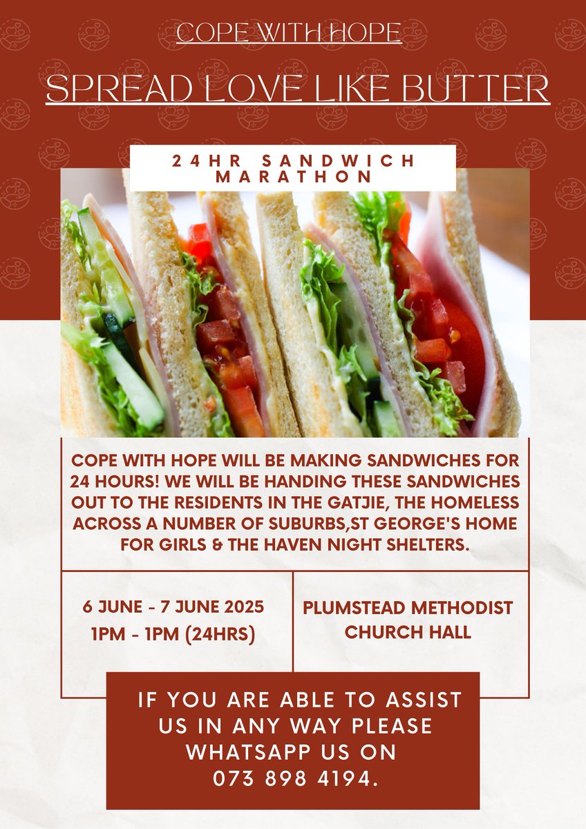 I will personally be making sandwiches for the full 24hr event. This is in honor of my friend of 22 years Marlon, who passed away June 8th 2024 due to a severe stroke. He would always say people need to spread love like butter. Let's do this!