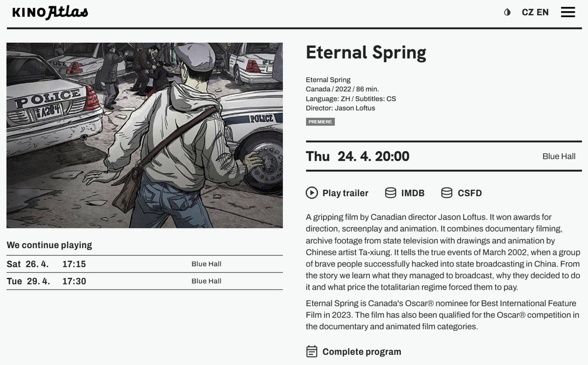 Praha! Catch the award-winning "Eternal Spring" at Kino Atlas! 🌸 Don't miss this stunning animated documentary playing on April 24th, 26th, and 29th.

Get your tickets and more info here: loom.ly/uUg2oRc

#EternalSpring #KinoAtlas #Praha