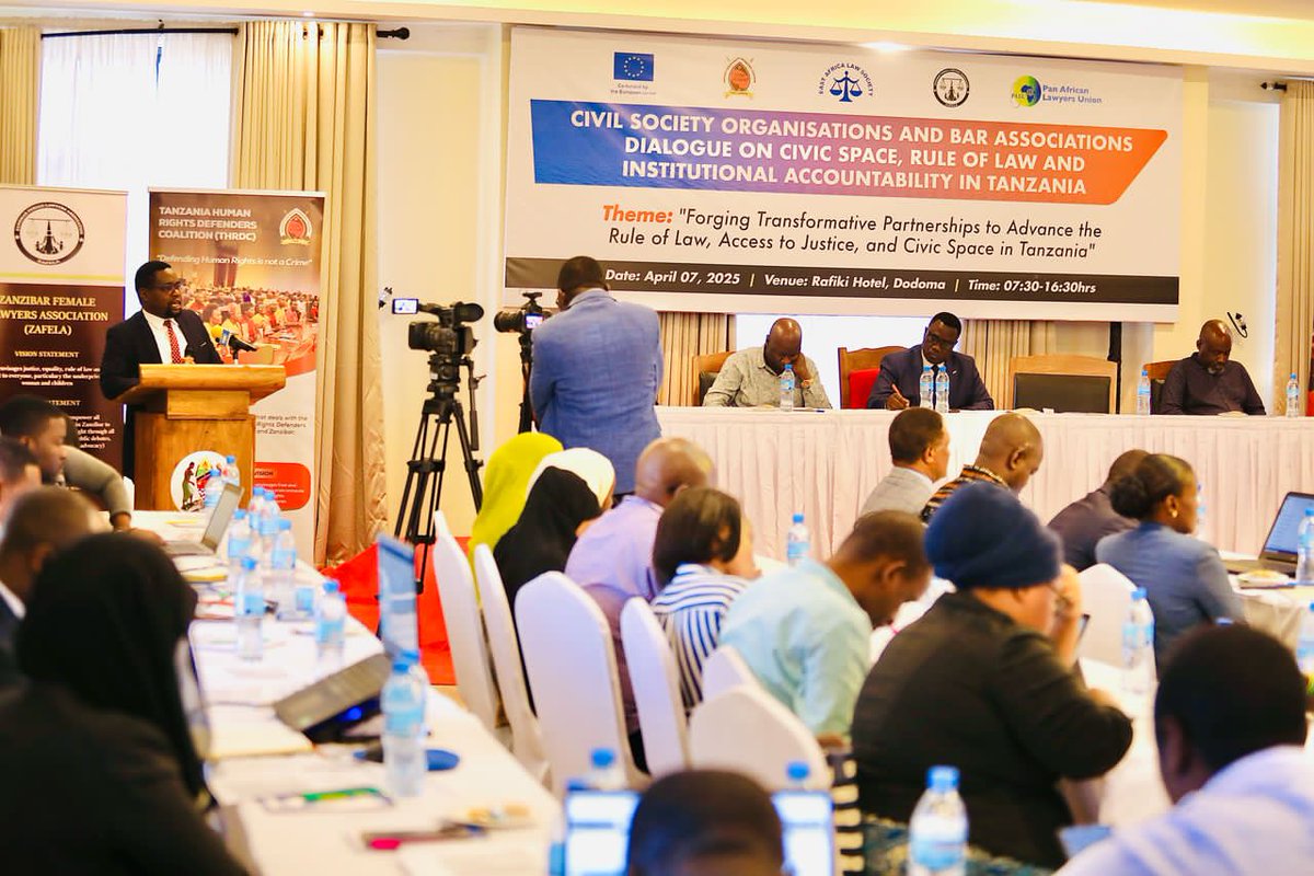 THRDCOALITION's tweet photo. Adv.Onesmo Olengurumwa, National Coordinator THRDC's Reflections.

Today, during the Strategic Dialogue On Forging #Partnerships Between #CSOs and #BarAssociations, April 7, 2025, THRDC National Coordinator, Adv. Onesmo Olengurumwa, delivered a compelling presentation on advancing collaboration for the protection and promotion of human rights, rule of law, and institutional accountability.

@OlengurumwaO reaffirmed the collective strength of over 300 member organizations under THRDC, actively working across Mainland and Zanzibar with the joined efforts from @TanganyikaLaw, @LawyersofAfrica, @ealawsociety,@zls,  and @zafela. 

He reflected on how Tanzania’s 4Rs philosophy has opened new spaces for engagement, dialogue, and reforms, but emphasized that sustaining these gains requires deeper strategic partnerships.

Onesmo emphasized the need to fast-track the development and adoption of a National Policy on Human Rights Defenders based on internationally recognized models, to safeguard the dignity and operational space of defenders.

He also stressed the importance of establishing a National Coordination Taskforce for human rights reporting to regional and international mechanisms, ensuring that Tanzania speaks with one voice and upholds its treaty obligations through broad and inclusive participation.

He advocated for #amendments to the Legal Aid Act, to expand the reach and quality of legal services especially for vulnerable populations.

He further recommended integrating human rights education systematically within the national curriculum to empower citizens with knowledge from an early age, building a stronger civic culture.

Onesmo underscored that child protection must become a national priority, calling for participatory mechanisms that involve government, CSOs, and legal practitioners in safeguarding children's rights against violence and abuse.

We are all proud to champion these bold proposals under the Support of EU Co funded program. 

We remain firmly committed to driving forward a collaborative movement that strengthens partnerships between CSOs, Bar Associations, and government actors, ensuring that no one is left behind in the pursuit of justice, dignity, and human rights.

#THRDC #StrategicPartnerships #HumanRights #RuleOfLaw #AccessToJustice #CivicSpace #LegalAid #ChildProtection #InclusiveDevelopment #Tanzania #Zanzibar #JusticeForAll