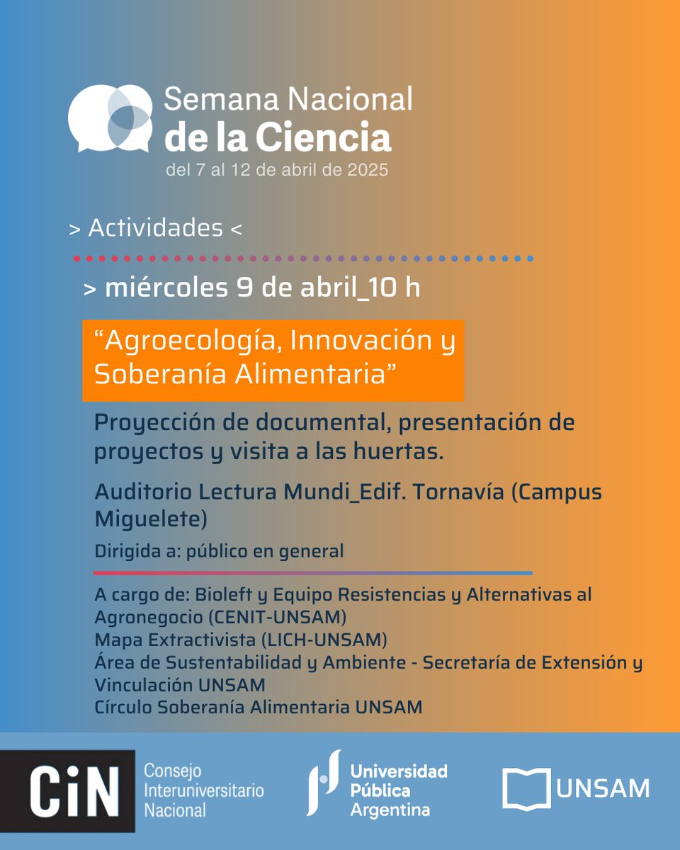 🟣 El equipo de <a href="/bioleft_tw/">Bioleft</a> (<a href="/cenit_eeynunsam/">CENIT</a>) estará a cargo de: "Agroecología, Innovación y Soberanía Alimentaria".

📌 Miércoles 9 de abril, 10 h
📍 Auditorio Lectura Mundi, Campus Miguelete UNSAM (Av. 25 de Mayo y Francia, San Martín).