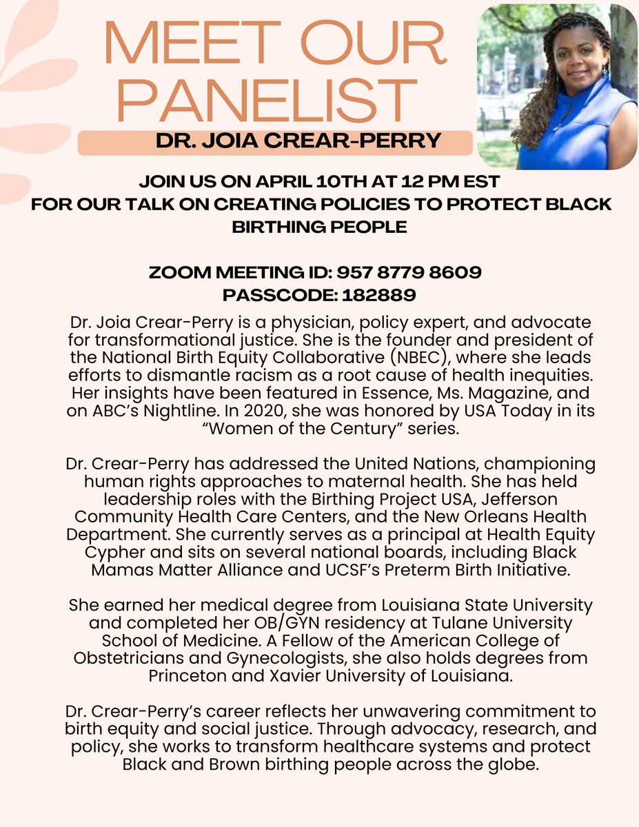 Honored to announce <a href="/doccrearperry/">Joia Crear Perry</a> as our moderator! A global leader in birth equity, she’s transforming systems &amp; dismantling racism in maternal health. 
Join us on April 10th at 12:00 p.m. EST for a talk you won't want to miss!
#BirthEquity #BlackMaternalHealth #HealthEquity
