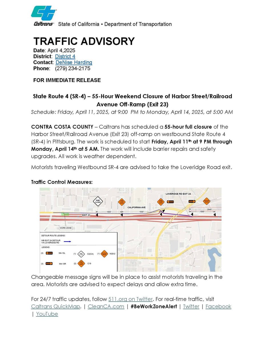 Full Ramp Closure Alert – Pittsburg 🚧
Caltrans will close the WB SR-4 Harbor St/Railroad Ave off-ramp (Exit 23) for 55 hours from Fri, April 11 at 9PM to Mon, April 14 at 5AM for critical barrier repairs &amp; safety upgrades.
📍 Detour: Use the Loveridge Rd exit instead.