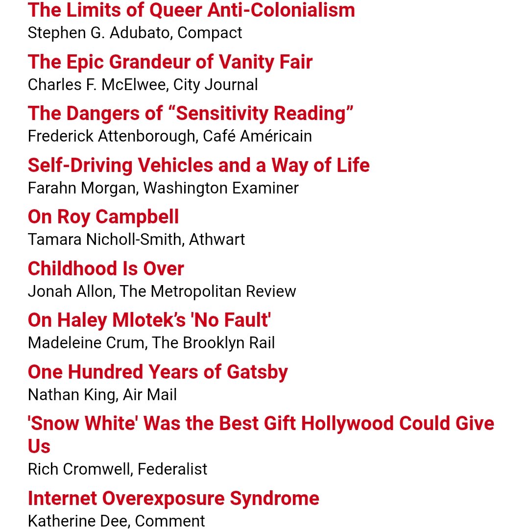 RealClearBooks & Culture (@realclearbooks) on Twitter photo realclearbooks.com
Monday reads: <a href="/stephengadubato/">Stephen G. Adubato</a> for <a href="/compactmag_/">COMPACT</a>, <a href="/CFMcElwee/">Charles McElwee</a> for <a href="/CityJournal/">City Journal</a>, <a href="/FarahnMorgan/">Farahn Morgan</a> for <a href="/dcexaminer/">Washington Examiner</a>, <a href="/tnichollsmith/">Tamara Nicholl-Smith</a> for <a href="/Athwart_Mag/">Athwart</a>, <a href="/JonahAllon/">Jonah Allon</a> for <a href="/the_met_review/">The Metropolitan Review</a>, <a href="/MaddieCrum/">maddie crum</a> for <a href="/TheBrooklynRail/">The Brooklyn Rail</a>, <a href="/default_friend/">Katherine Dee 🐬/acc</a> for <a href="/commentmag/">Comment</a>, and others. realclearbooks.com
Monday reads: <a href="/stephengadubato/">Stephen G. Adubato</a> for <a href="/compactmag_/">COMPACT</a>, <a href="/CFMcElwee/">Charles McElwee</a> for <a href="/CityJournal/">City Journal</a>, <a href="/FarahnMorgan/">Farahn Morgan</a> for <a href="/dcexaminer/">Washington Examiner</a>, <a href="/tnichollsmith/">Tamara Nicholl-Smith</a> for <a href="/Athwart_Mag/">Athwart</a>, <a href="/JonahAllon/">Jonah Allon</a> for <a href="/the_met_review/">The Metropolitan Review</a>, <a href="/MaddieCrum/">maddie crum</a> for <a href="/TheBrooklynRail/">The Brooklyn Rail</a>, <a href="/default_friend/">Katherine Dee 🐬/acc</a> for <a href="/commentmag/">Comment</a>, and others.