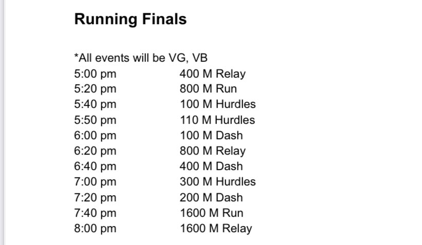 4A District 21-22 
Area Track &amp; Field 
Wednesday April 9, 2025
Meet Schedule
