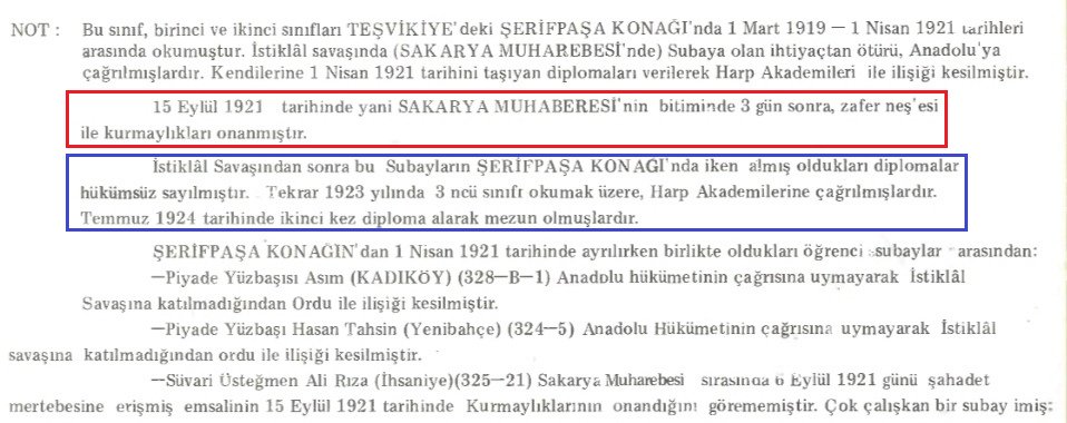 Asli mektebin kıt'a olduğuna inanan Atatürk subayların akademik eğitimlerine de büyük önem vermişti. Bu nedenle savaş döneminde yarım kalan eğitimlerini savaş sonrasında tamamlatmıştı.Sakarya'da kurmaylıkları onanan subayları Millî Mücadele sonrasında ilginç bir sürpriz beklemiş:
