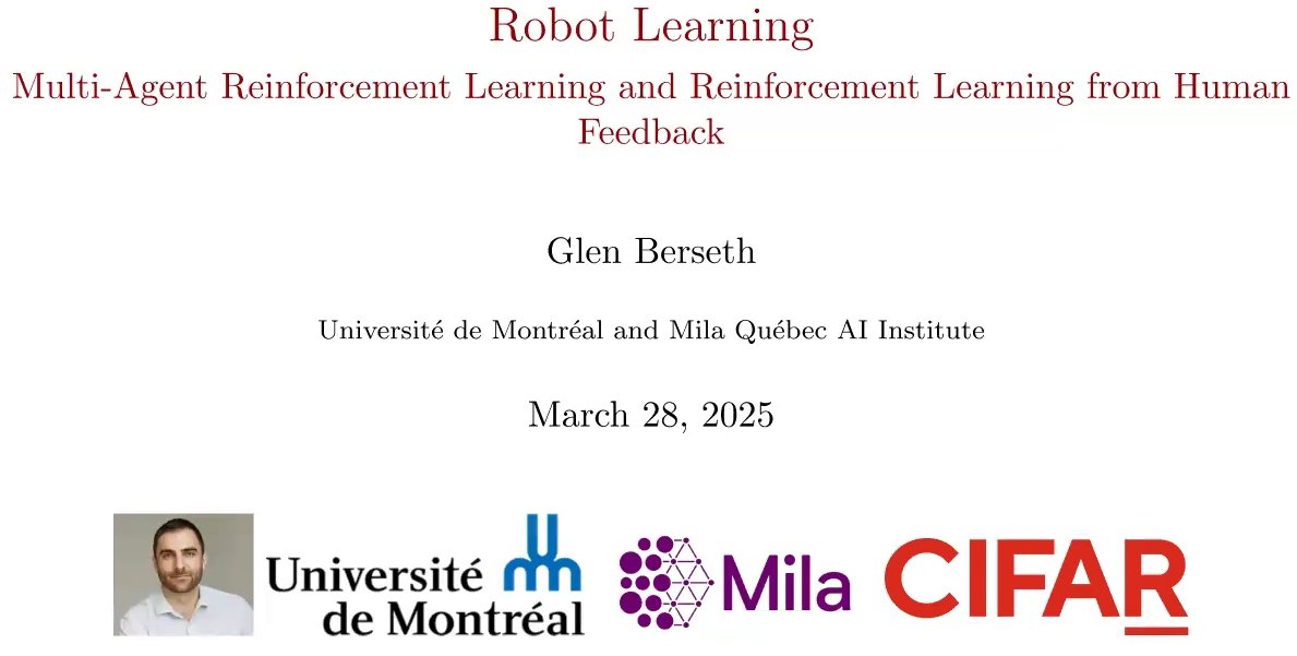 In general, #robots need to learn how to act while existing in a world with other agents. In this lecture, I cover the foundations of #multiagent #reinforcementlearning (MARL) and connect this to the recent work on reinforcement learning from human feedback (#RLHF).