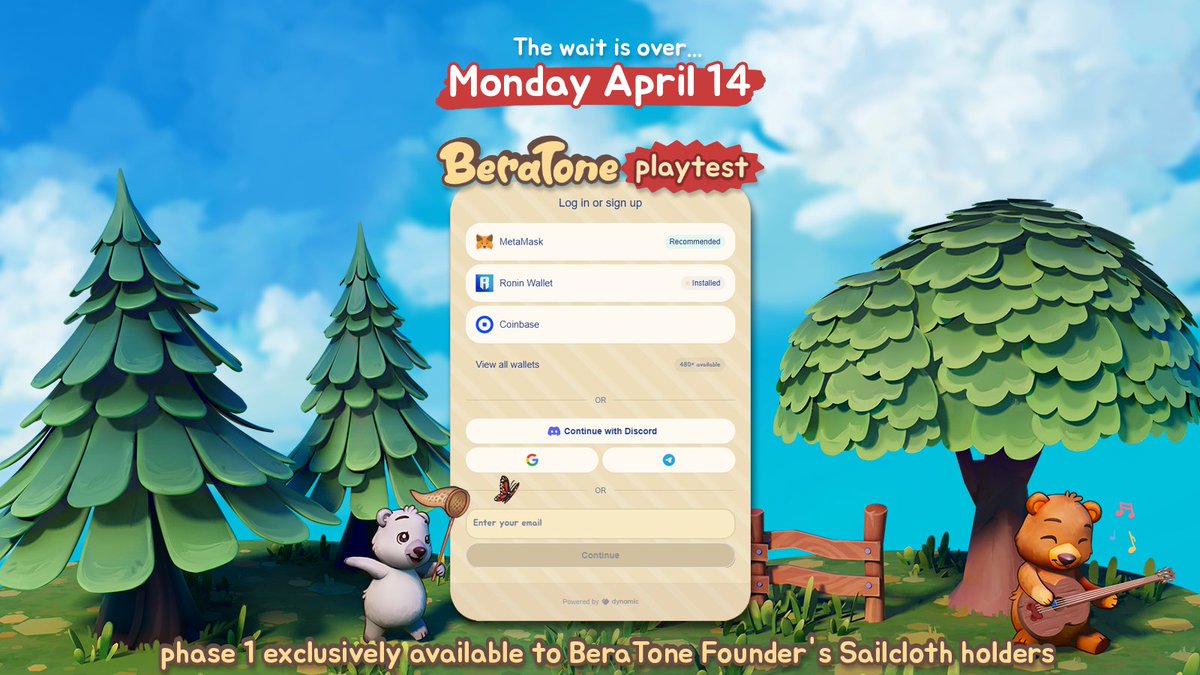 🐻📢 ATTENTION BERATONERS: THIS IS NOT A DRILL

Our 1st private playtest will set sail Monday, April 14th! ⛵

What to know:
🎶 you will need to sign in with the wallet that holds your BeraTone Founder's Sailcloth to access
🎶 play-2-earn campaign begins with this playtest
🎶 we