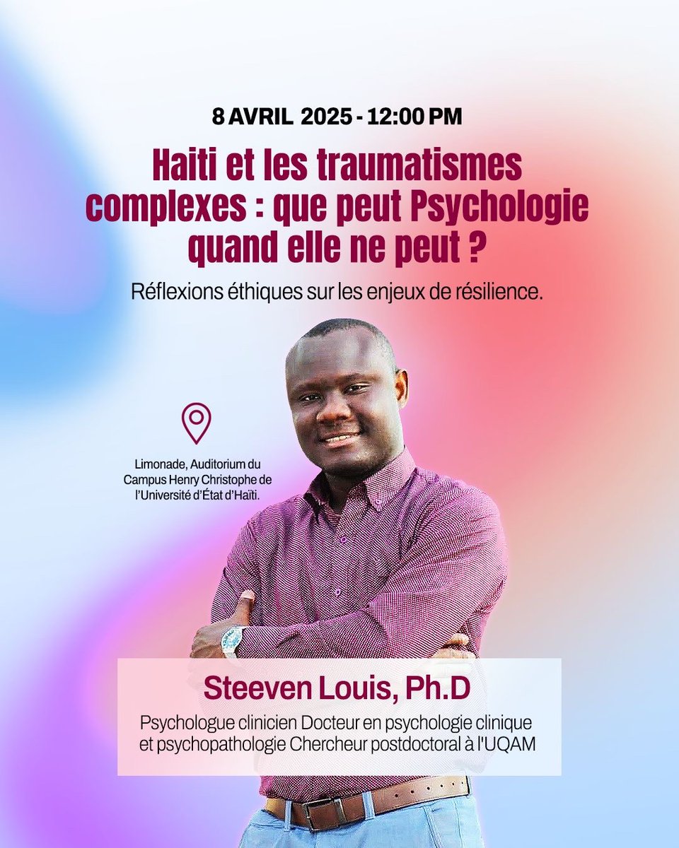 SteevenLLOUIS's tweet image. Doublement ravi d’être en Haïti et d’être l’invité du département de psychologie du Campus Henry Christophe de l’Université d’État d’Haïti. C’est demain, à Limonade. Venez nombreux !