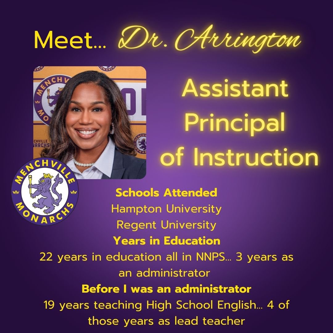 It’s National Assistant Principal Week. Each day we’ll feature each one of our awesome APs. Today’s feature is our API, Dr. Arrington!
#menchville #menchvillehighschool #teamMHS #NNPSproud