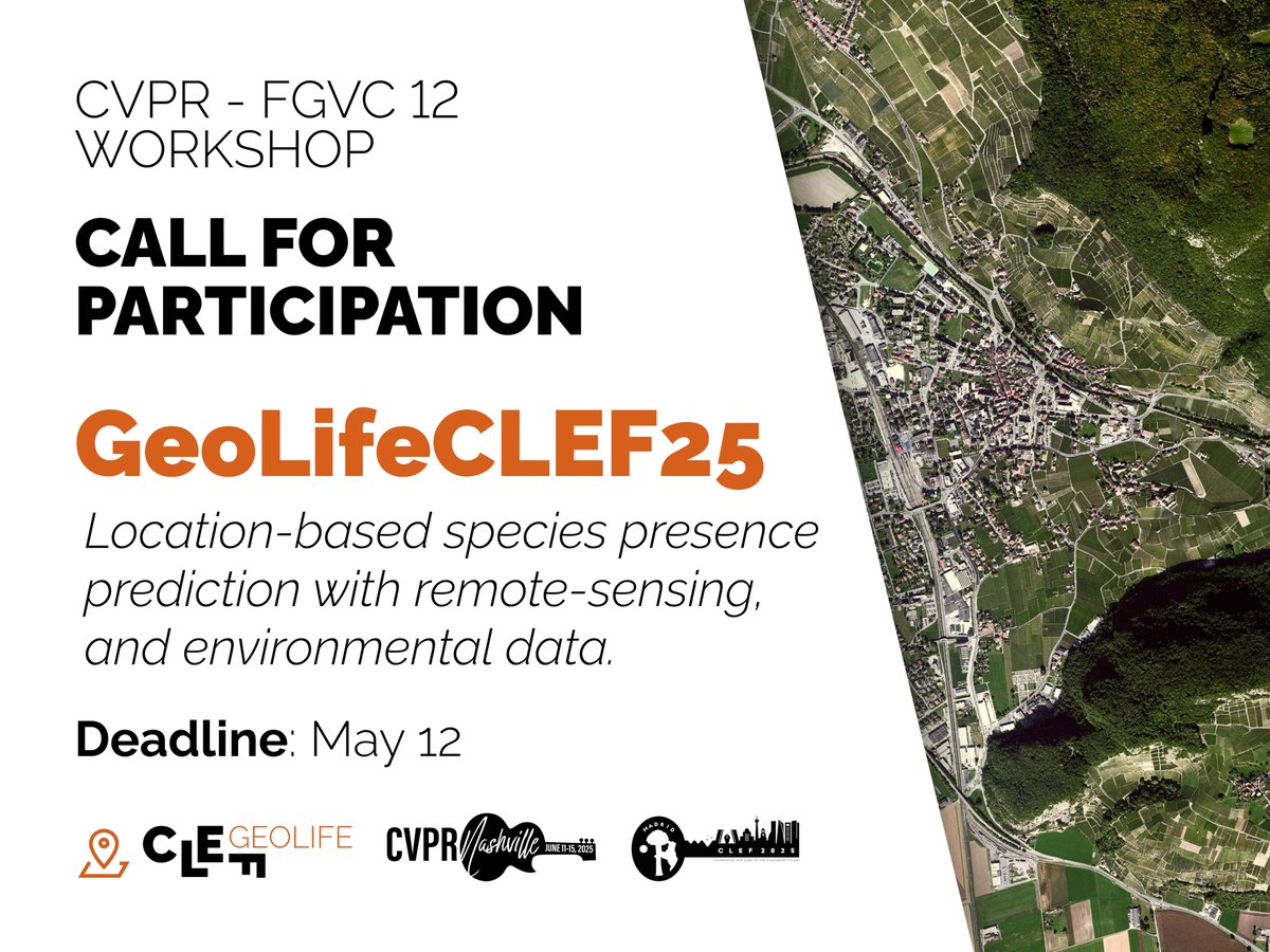 GeoLifeCLEF25: Location-based species presence prediction 
👉 kaggle.com/competitions/g…
<a href="/CVPR/">#CVPR2025</a> <a href="/kaggle/">Kaggle</a> <a href="/LifeCLEF/">Lifeclef Lab</a> 
#FGVC #CVPR #CVPR2025 
[1/3]