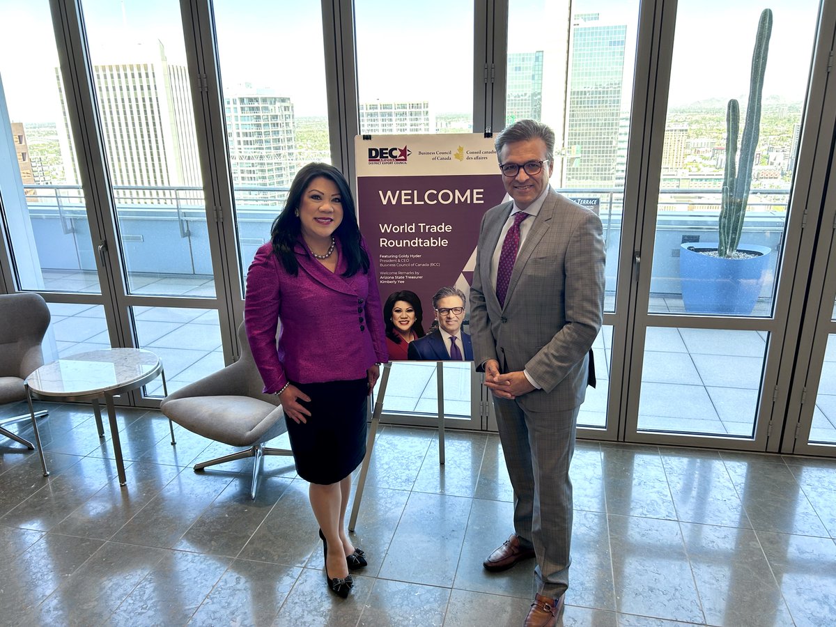 Office of the Arizona State Treasurer (@aztreasury) on Twitter photo Arizona Treasurer Kimberly Yee met with President and CEO of the Business Council of Canada <a href="/goldyhyder/">Goldy Hyder</a> to discuss the important economic ties between the State of Arizona and Canada. Arizona Treasurer Kimberly Yee met with President and CEO of the Business Council of Canada <a href="/goldyhyder/">Goldy Hyder</a> to discuss the important economic ties between the State of Arizona and Canada.