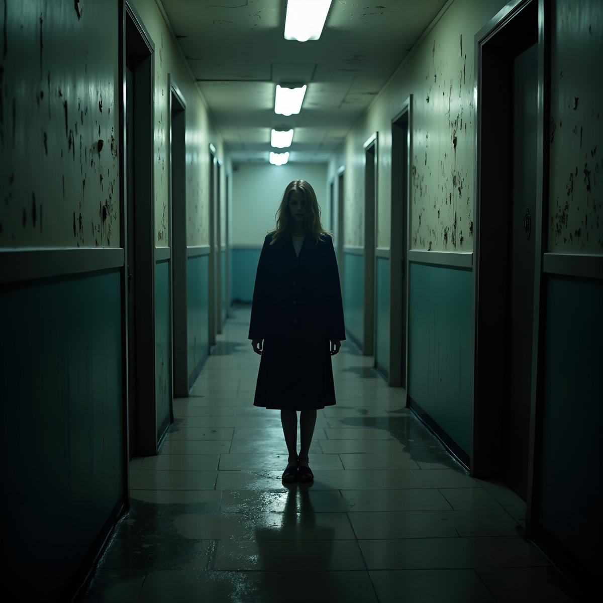 PromptSin's tweet image. In a dimly lit corridor, shadows whisper secrets of the past. 🖤✨ #SurrealArt #DarkAesthetic #CreepyVibes
