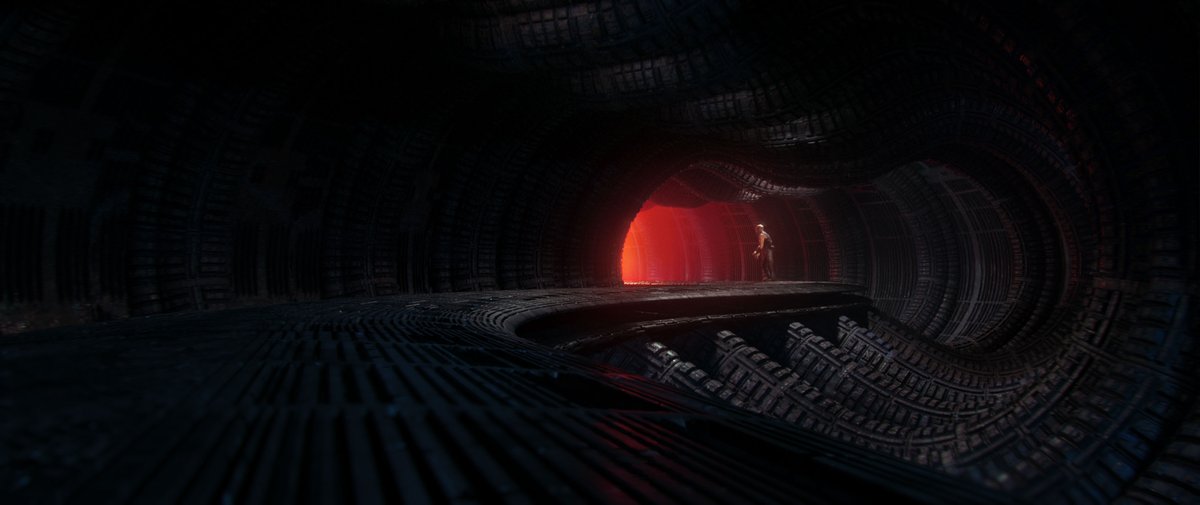 petaralazara's tweet image. Weekend experiment, kind of a heat dissipation corridor, like a giant spaceship radiator. Threw in a Riddick walking into the furnace light. Displacement fun in Blender