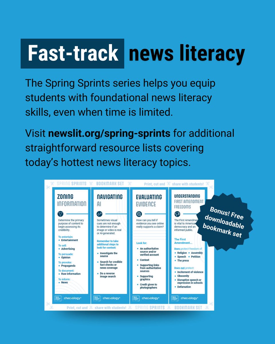 🤔 It's no secret that more posts across social media these days are AI-generated. 

📲 It's also clear that platforms' algorithms are not well understood by most users.

📢 Address this news literacy duo of challenges together with Spring Sprints!

🔗 newslit.org/spring-sprints/