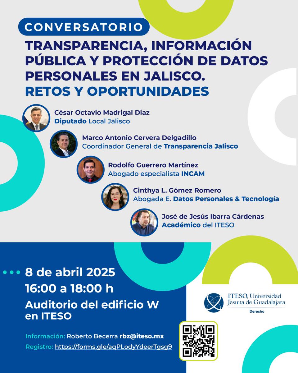 No se pierdan el conversatorio Transparencia, Información Pública y Datos Personales en Jalisco. Retos y Oportunidades, organizado por <a href="/DERECHO_ITESO/">DERECHO_ITESO</a>.

📅 8 de abril
🕓 4 pm
👉 Auditorio W
📹 ite.so/4jis0
