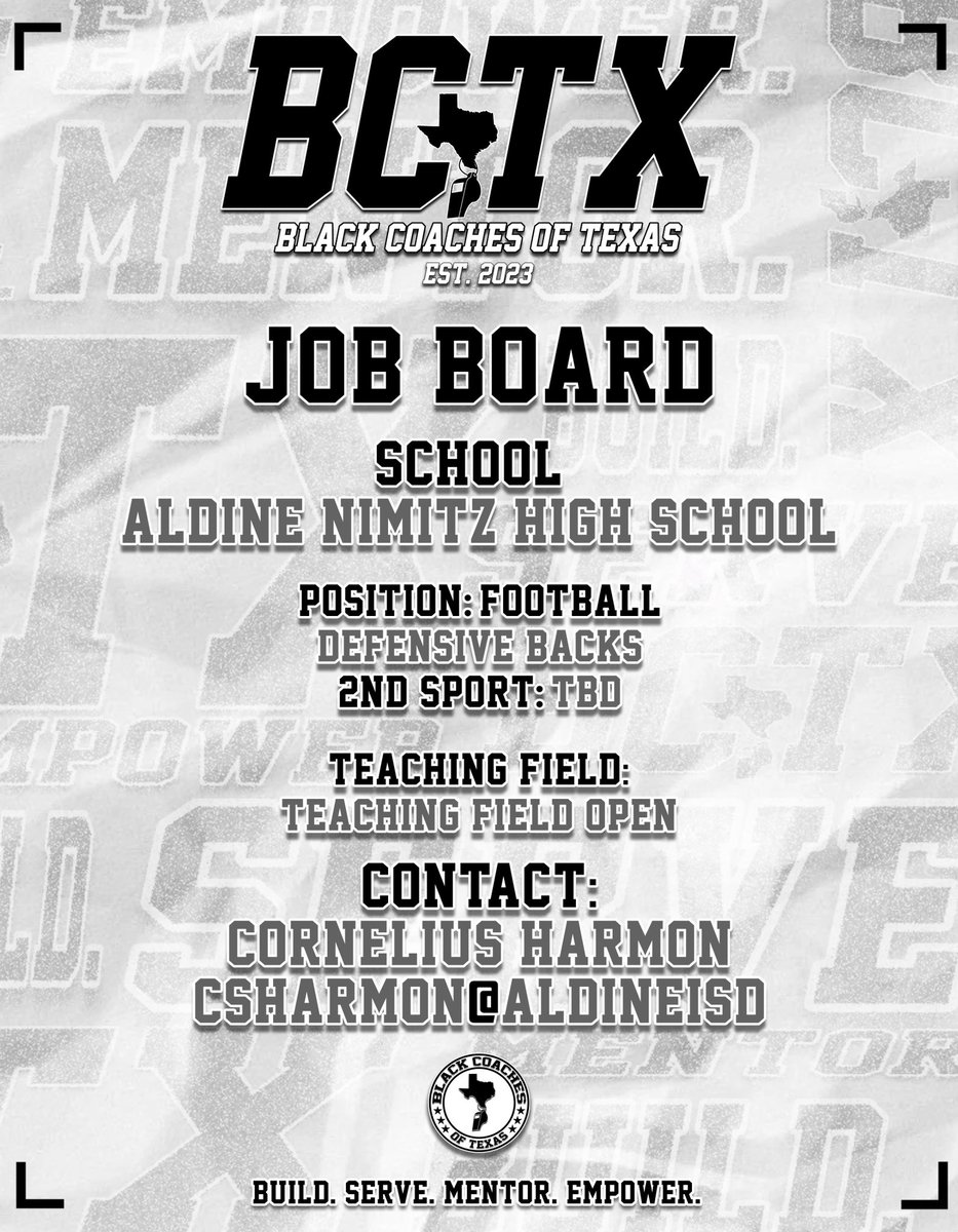 Black Coaches of Texas (@blackcoachestx) on Twitter photo 📋 #BCTX🫱🏾🫲🏿 Job Board 📋
Build. Serve. Mentor. Empower.
<a href="/Coach_Harmon/">Cornelius Harmon, M.Ed</a> | <a href="/Matt_Stepp817/">Matt Stepp</a> | <a href="/NimitzCoogsFB/">Aldine Nimitz Football</a> | <a href="/RealCoachBuc/">Eric Buchanan</a> 📋 #BCTX🫱🏾🫲🏿 Job Board 📋
Build. Serve. Mentor. Empower.
<a href="/Coach_Harmon/">Cornelius Harmon, M.Ed</a> | <a href="/Matt_Stepp817/">Matt Stepp</a> | <a href="/NimitzCoogsFB/">Aldine Nimitz Football</a> | <a href="/RealCoachBuc/">Eric Buchanan</a>