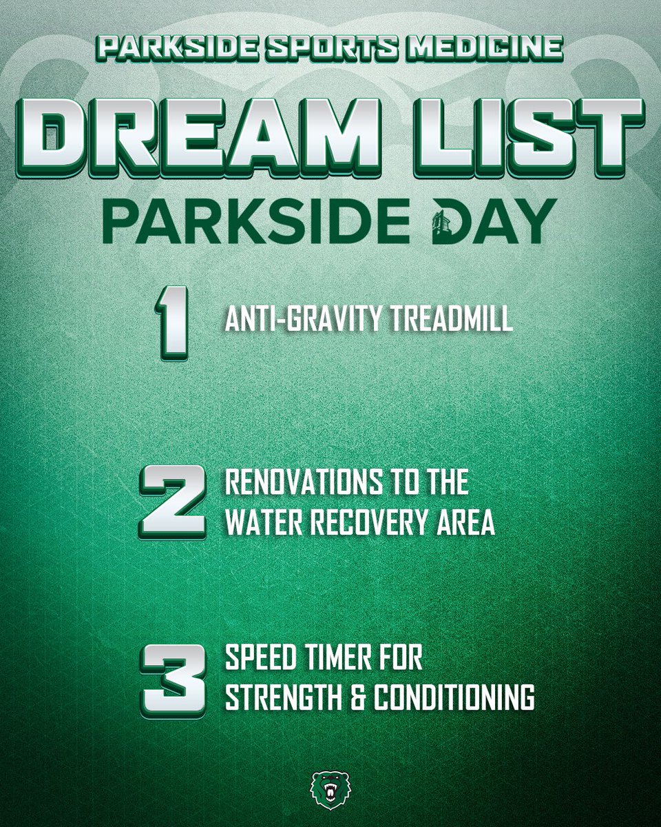 Parkside_AT's tweet photo. The Athletic Trainers and the Sports Medicine program have a dream! You can help them get there by donating during Parkside Day tomorrow! Every gift brings them one step closer. 💚🐻

https://t.co/858vXo6JJw

#ParksideDay https://t.co/oa7EmIifzX