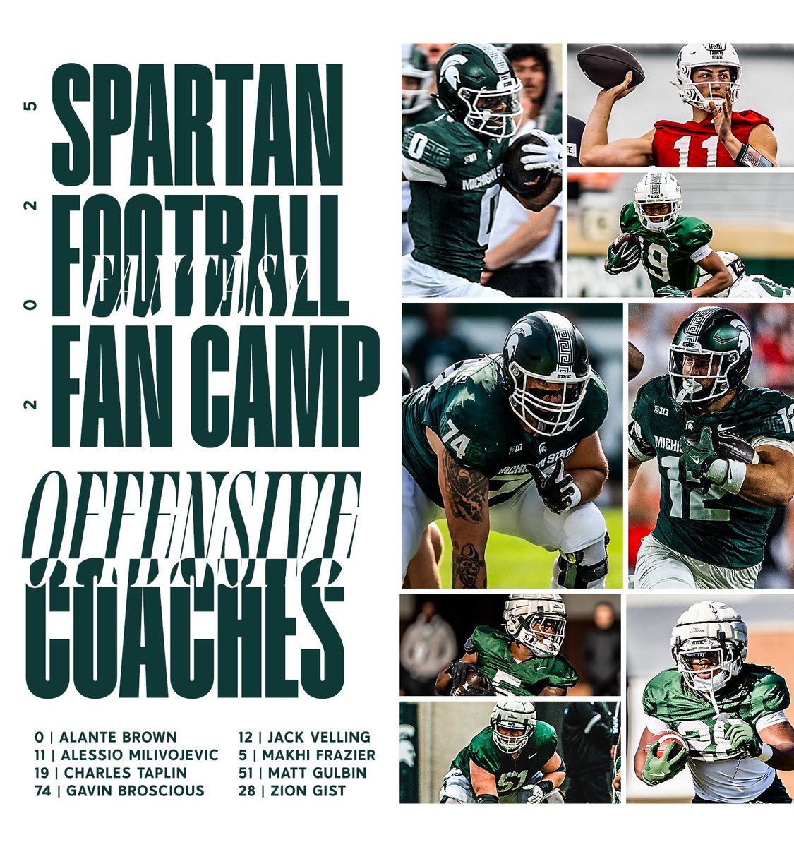 Spartan Fantasy Camp (@spartanfancamp) on Twitter photo 🚨 Your 2025 SPARTAN FOOTBALL FAN CAMP Coaches!! 🚨
First up, your OFFENSIVE coaches…your favorite <a href="/MSU_Football/">Michigan State Football</a> players are stepping in as offensive and defensive coaches, giving you an inside look at how the Spartans train, compete, and lead. Sign up TODAY!! 🚨 Your 2025 SPARTAN FOOTBALL FAN CAMP Coaches!! 🚨
First up, your OFFENSIVE coaches…your favorite <a href="/MSU_Football/">Michigan State Football</a> players are stepping in as offensive and defensive coaches, giving you an inside look at how the Spartans train, compete, and lead. Sign up TODAY!!