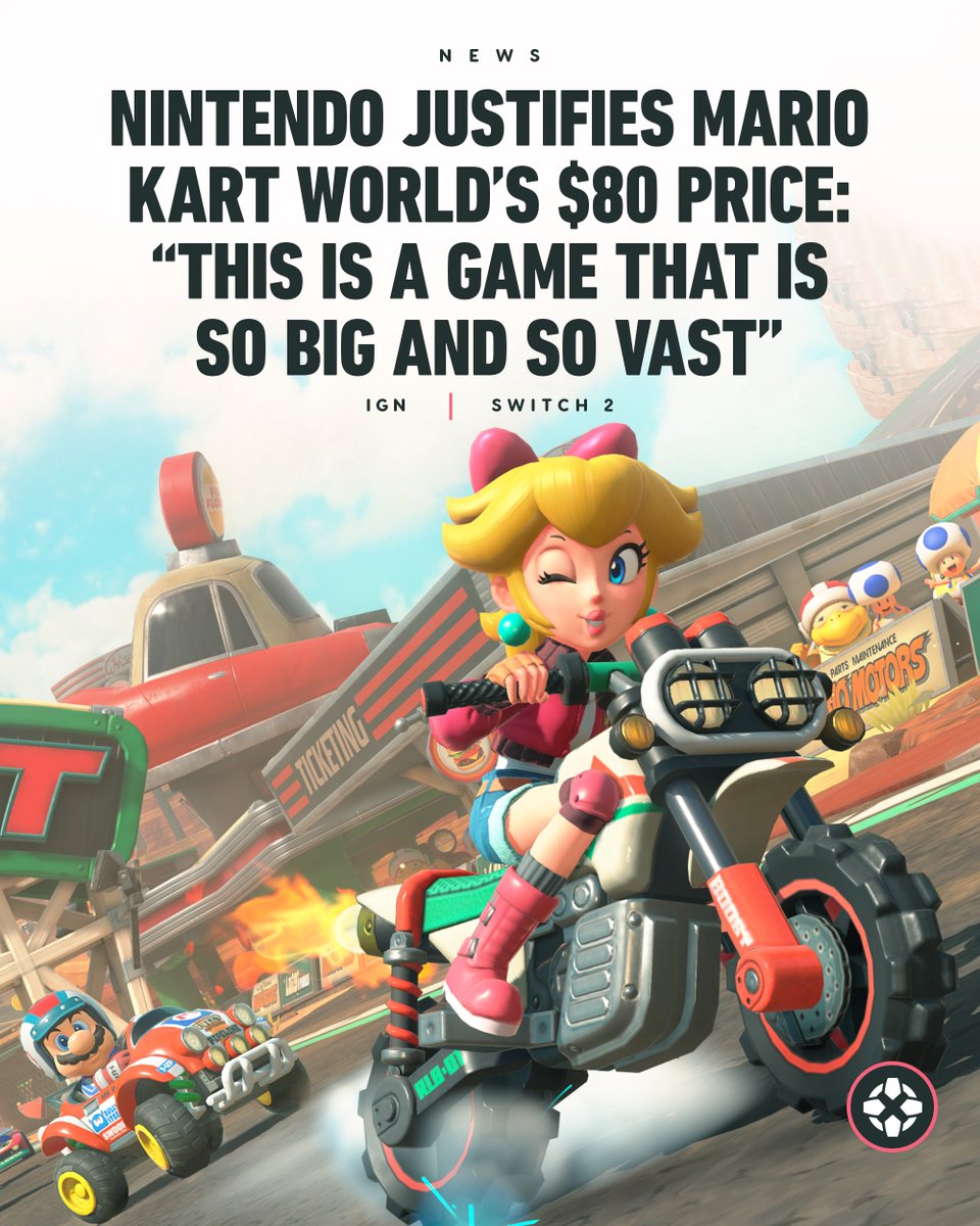 IGN's tweet photo. Nintendo has insisted Mario Kart World justifies its shock $80 price tag in response to controversy over the $10 hike for some Switch 2 games. https://t.co/SbllDDL3eZ https://t.co/aJqoXiFS0V