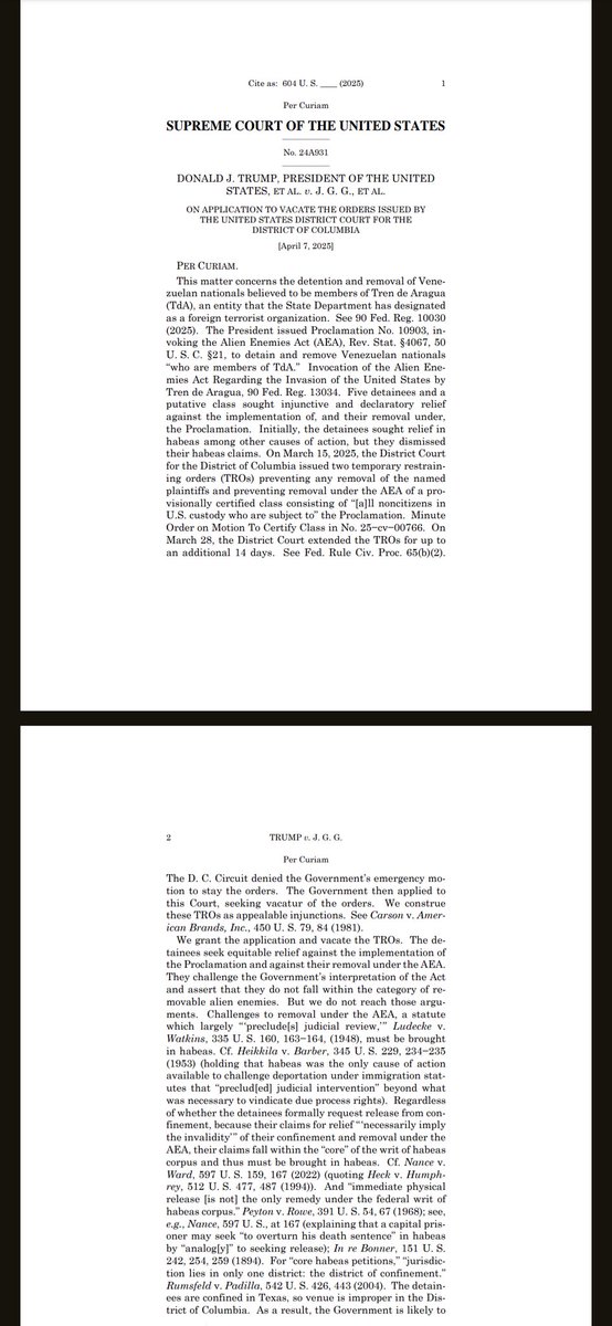 EWess92's tweet image. Huge 5-4 win for President Trump on the Alien Enemies Act. Just like the DOJ argued, the proper way to hear these claims is in Habeas instead of under the Administrative Procedure Act. Yet another stroke of common sense and law stopping district courts from going too far