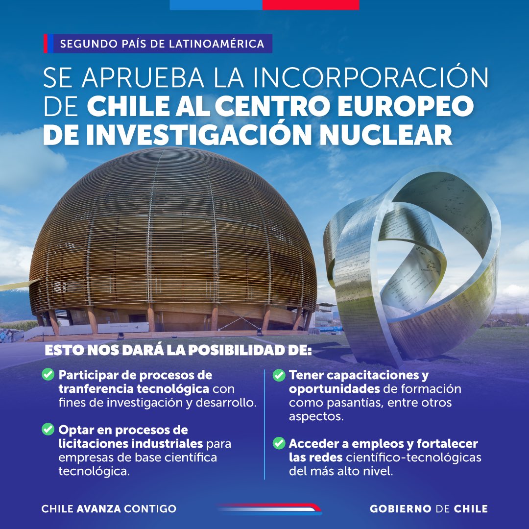 Una gran noticia para nuestro país y un importante reconocimiento para la ciencia chilena ✨

La ministra de Ciencia, Aisén Etcheverry, junto al Presidente Gabriel Boric, impulsaron en 2023 la candidatura de Chile como Estado asociado al CERN. Luego de una larga evaluación, el