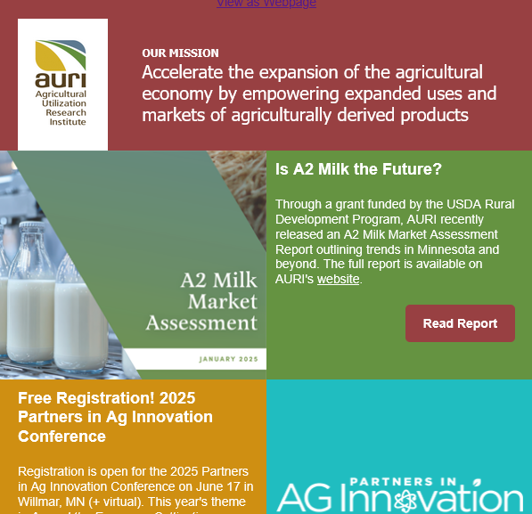 AURIcomm's tweet photo. Check out this month's Ag Innovation Update, AURI's monthly e-newsletter. Subscribe to learn more about AURI, upcoming events, and the latest innovations in the Minnesota ag sector.

Read here:  https://t.co/UAn05YK5ER 
Subscribe: https://t.co/gwtYXRu1gS https://t.co/WrmsNh2BES