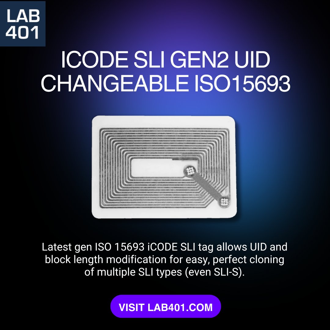 Lab_401's tweet image. Latest Gen iCODE SLI tech + UID modification! ✅ Get your hands on the new ISO15693 tags that make perfect cloning (including SLI-S) possible. Elevate your RFID capabilities! 🚀 l.lab401.com/FwDuB
#RFIDTools #iCODE #SLIGen2 #UID #CloningTool #Lab401