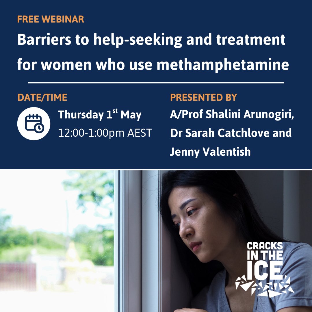 Cracks in the Ice (@cracksintheice) on Twitter photo FREE UPCOMING MAY WEBINAR: Join A/Prof <a href="/SArunogiri/">Shalini Arunogiri</a>, Dr <a href="/SarahJCatchlove/">Sarah Catchlove</a> and <a href="/JennyValentish/">Jenny Valentish</a> as they explore why women are less likely to be in treatment for methamphetamine use disorder + findings of a new study for women in methamphetamine withdrawal.
🔗 cracksintheice.org.au/community-tool… FREE UPCOMING MAY WEBINAR: Join A/Prof <a href="/SArunogiri/">Shalini Arunogiri</a>, Dr <a href="/SarahJCatchlove/">Sarah Catchlove</a> and <a href="/JennyValentish/">Jenny Valentish</a> as they explore why women are less likely to be in treatment for methamphetamine use disorder + findings of a new study for women in methamphetamine withdrawal.
🔗 cracksintheice.org.au/community-tool…