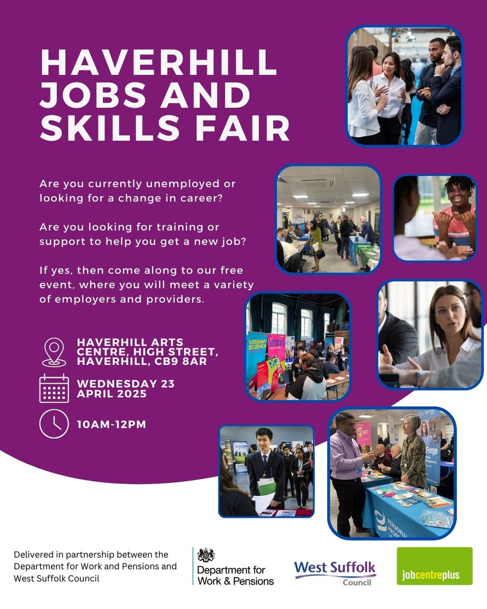Need a fresh start? 🌱  

Join us at the FREE Haverhill Jobs and Skills Fair – your gateway to exciting opportunities in employment and training.

📍 Haverhill Arts Centre 
📅 23 April 2025
⏰ 10AM-12PM

Don’t miss out! #HaverhillCareers #Training #SkillsDevelopment