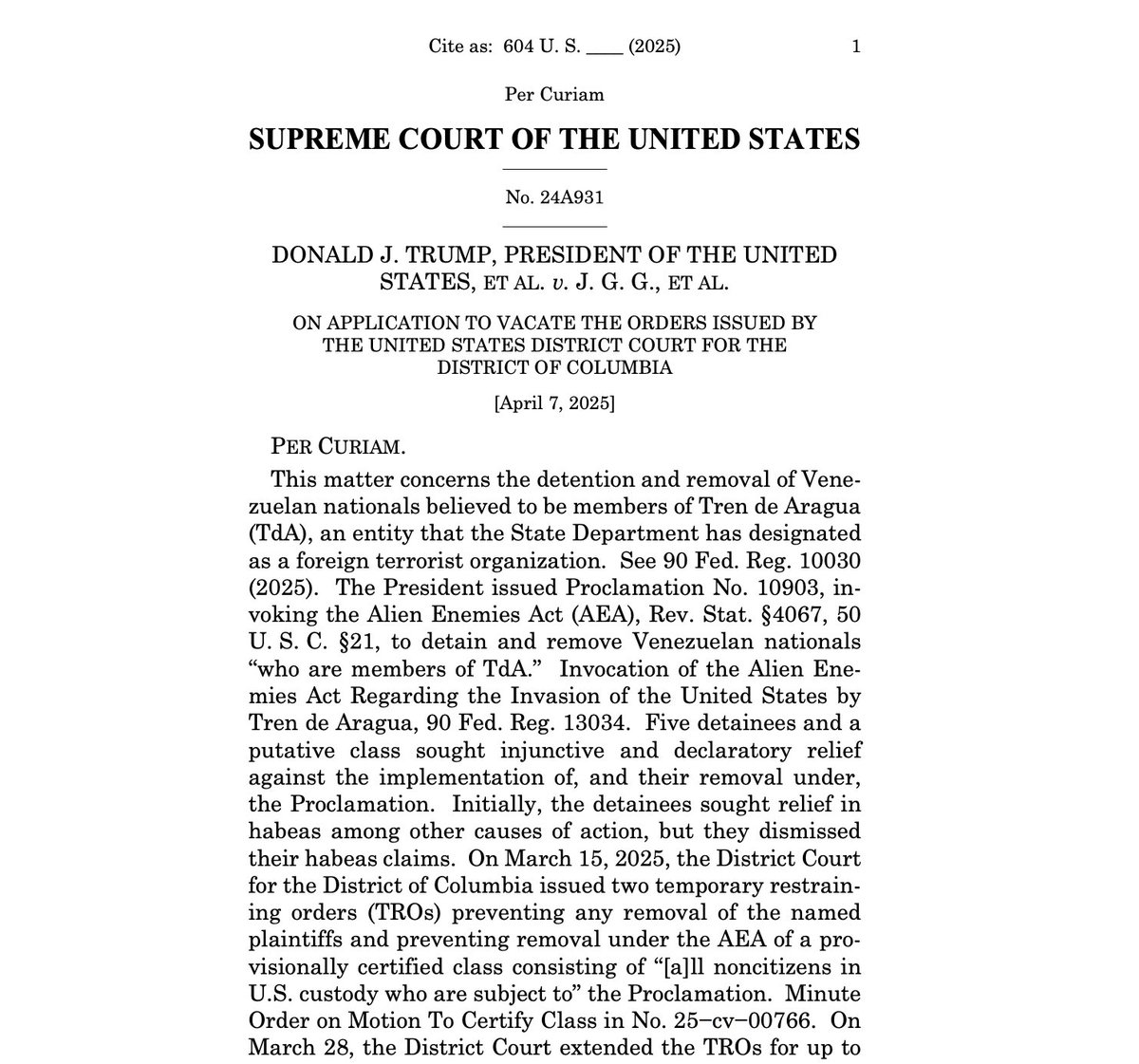 SCOTUS allows Alien Enemies Act deportations to proceed. This is a decision with huge implications for the executive branch's efforts to quickly remove immigrants

Vacated lower court orders that stopped deports under AEA, but requires "notice of removal subject to the act"