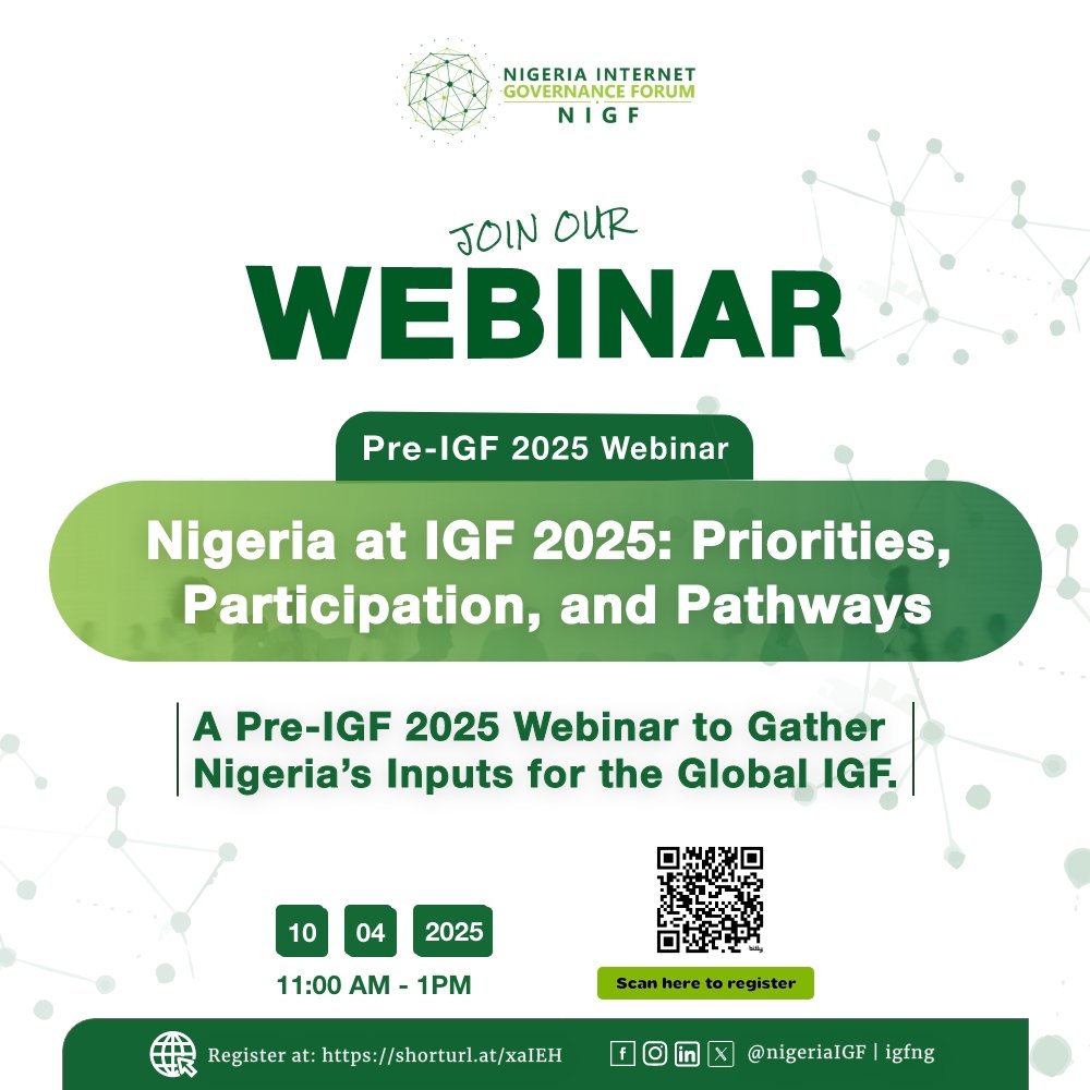 Billyabour's tweet photo. Dear net citizens, 
We invite you to join the NIGF Stakeholder Engagement Webinar on Thursday, 10th April 2025, at 11:00 AM (WAT). This event is an important opportunity to discuss Internet Governance and Nigeria's participation in the Global IGF 2025.
Event Details: https://t.co/dH7PjmyS0t