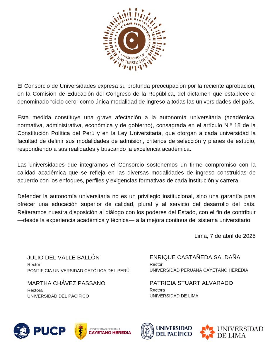 #ComunicadoConsorcio
#PUCP #CayetanoHeredia #UdelPacifico #UdeLima