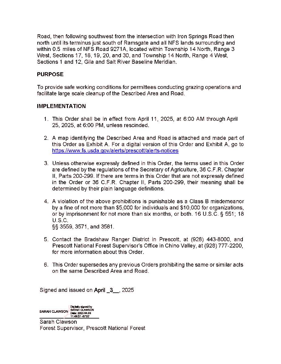 NOTIFICATION FOR HEALTH &amp; SAFETY - NFS Road 9271A and Doce Pit Area will be closed from April 11 - 25, 2025 to provide safe working conditions for permittees conducting grazing operations and facilitate large scale cleanup of the Described Area and Road: fs.usda.gov/alerts/prescot…