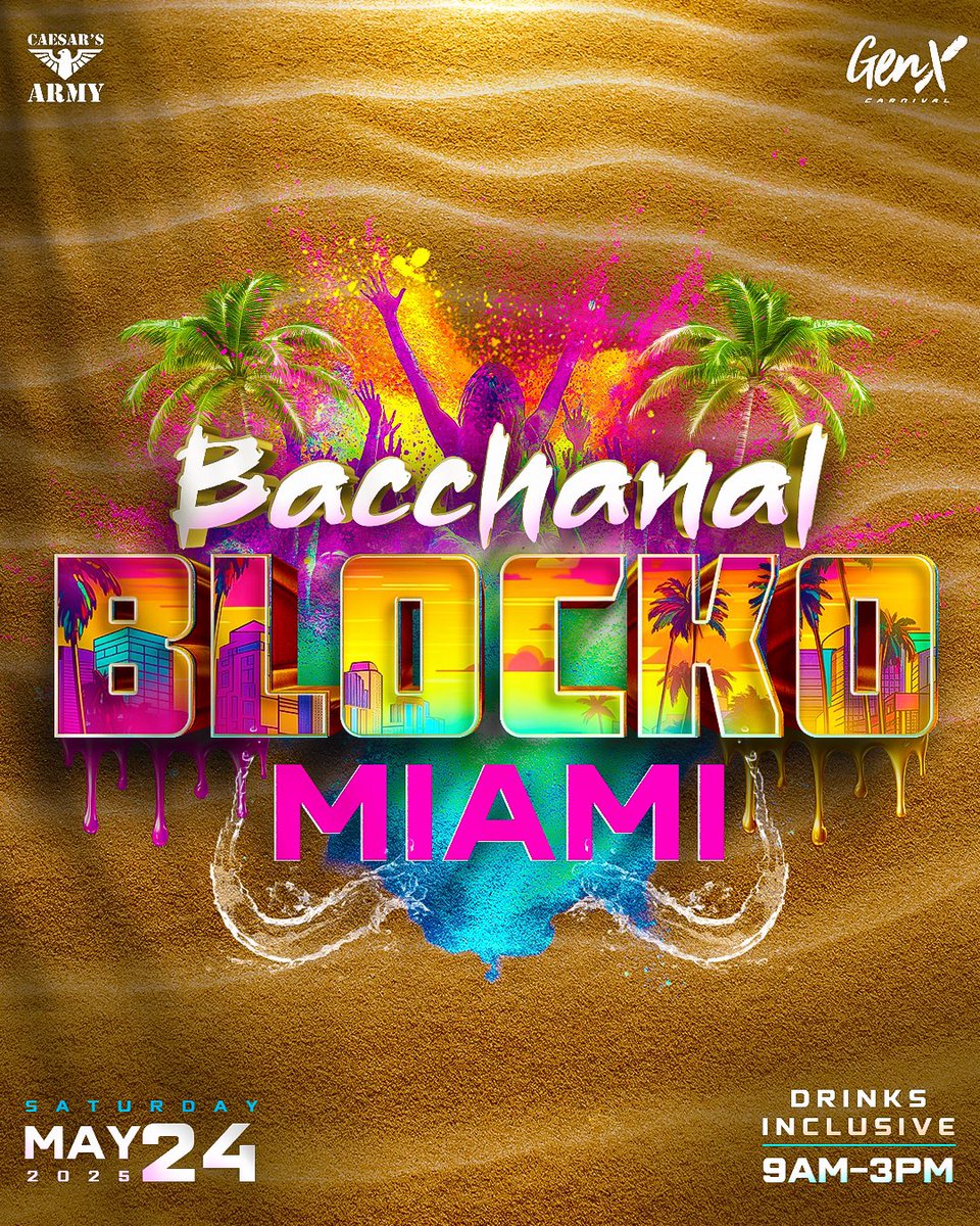 Memorial Day Weekend just got Hotter 🔥🥵

CAESAR’S ARMY x GENX Present: BACCHANAL BLOCKO 🎨👙

The Wildest Paint Party to hit the 305‼️

💥 What’s Coming:
⚔️ Paint, powder &amp; water
🎧 Pulse-pounding soca
🍹 Drinks-inclusive

⚔️ Immortals vs. Romans — who’s bringing more vibes?