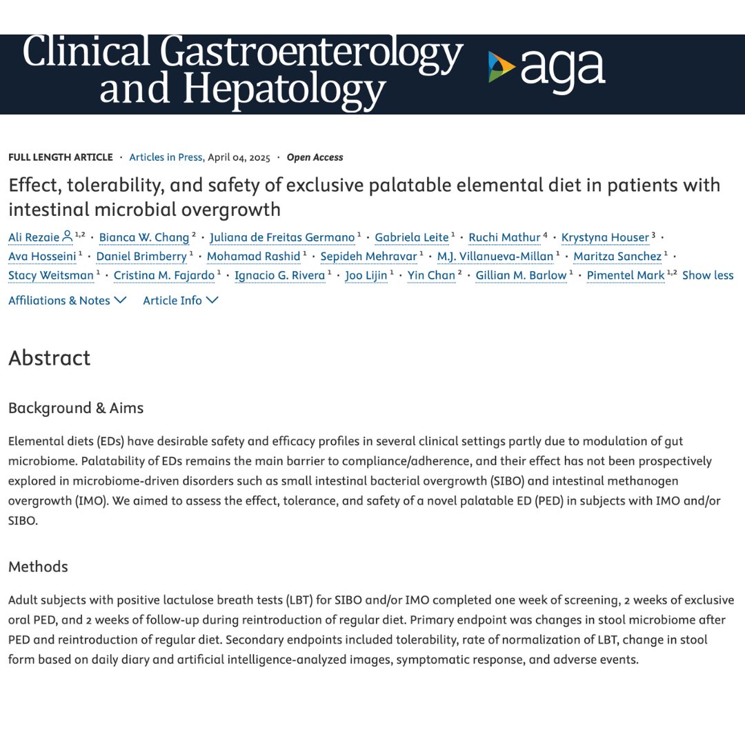 Our new paper looking at the impact of a novel palatable elemental diet is OUT in <a href="/AGA_CGH/">CGH</a> 🎉

✅ 73% of participants normalized their breath tests
✅ 83% reported symptom relief
✅ Significant drops in methane &amp; hydrogen levels
✅ No serious side effects
✅ 100% tolerance rate,