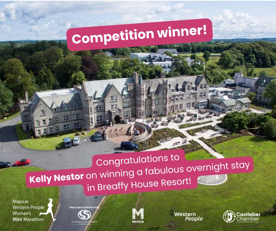 Mayo.ie Western People Women's 10k Mini Marathon (@woiminimarathon) on Twitter photo 🥁 We have a winner! Congratulations to Kelly Nestor, who has won the overnight stay for two in Breaffy House Hotel & Spa Resort. We hope you enjoy your prize Kelly!
With thanks to the team at <a href="/BreaffyResort/">Breaffy House Resort</a> and to <a href="/CastlebarChambr/">Castlebar Chamber</a> for their support.
#WOIMM25 🥁 We have a winner! Congratulations to Kelly Nestor, who has won the overnight stay for two in Breaffy House Hotel & Spa Resort. We hope you enjoy your prize Kelly!
With thanks to the team at <a href="/BreaffyResort/">Breaffy House Resort</a> and to <a href="/CastlebarChambr/">Castlebar Chamber</a> for their support.
#WOIMM25