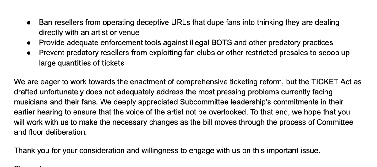 future_of_music's tweet image. We joined an array of music creator groups and allies calling for changes to the TICKET Act.  The current text just isn't good enough to protect fans and workers.
