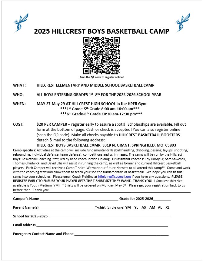 Hillcrest Basketball (@hillcrestbball) on Twitter photo Get signed up early for our 2025 Hillcrest Basketball camp! Camp dates are 5/27-5/29. Follow the link below to register. It will be here before you know it! <a href="/Hillcrest_SPS/">Hillcrest High School</a> <a href="/AthleticsAtSPS/">Athletics Department - SPS</a>
docs.google.com/forms/d/e/1FAI… Get signed up early for our 2025 Hillcrest Basketball camp! Camp dates are 5/27-5/29. Follow the link below to register. It will be here before you know it! <a href="/Hillcrest_SPS/">Hillcrest High School</a> <a href="/AthleticsAtSPS/">Athletics Department - SPS</a>
docs.google.com/forms/d/e/1FAI…