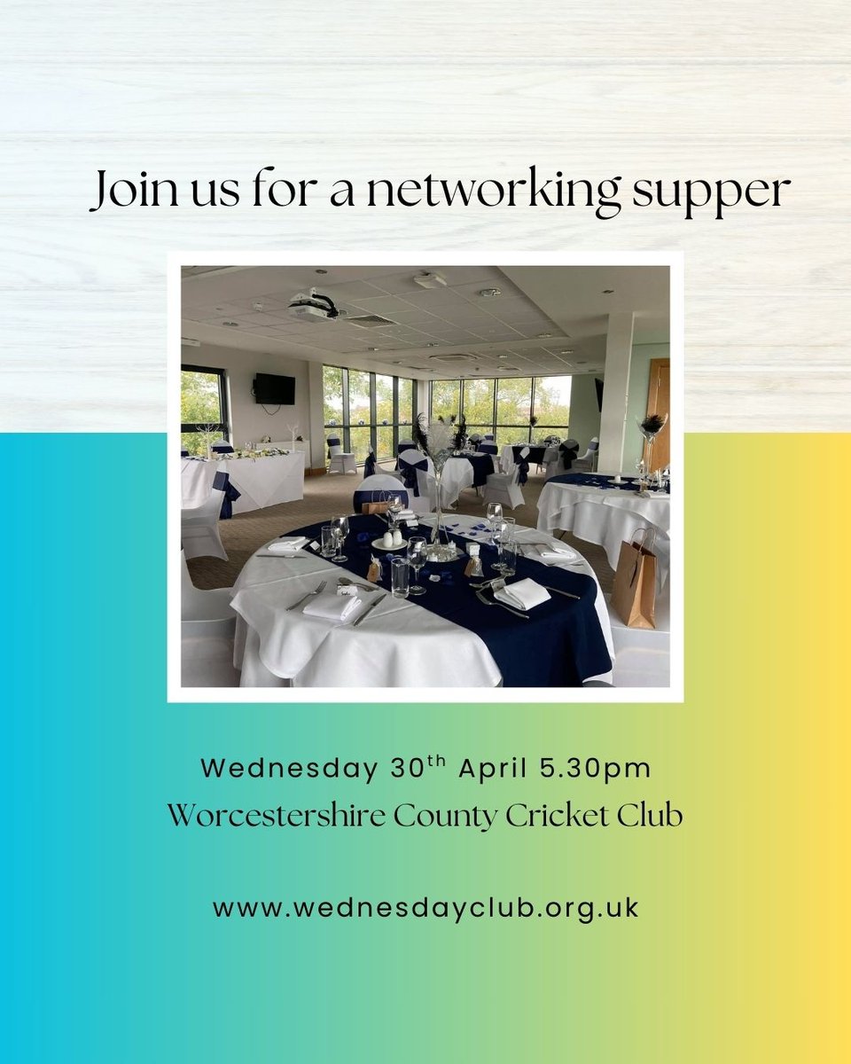 Have you booked?
Join us for our networking event on 30th April at <a href="/WorcsCCC/">Worcestershire CCC</a> with guest speaker Dr Julia Sen
Book online at: wednesdayclub.org.uk/event/wednesda…
#ladiesnetworking #worcestershire #networking #WCCC #guestspeaker