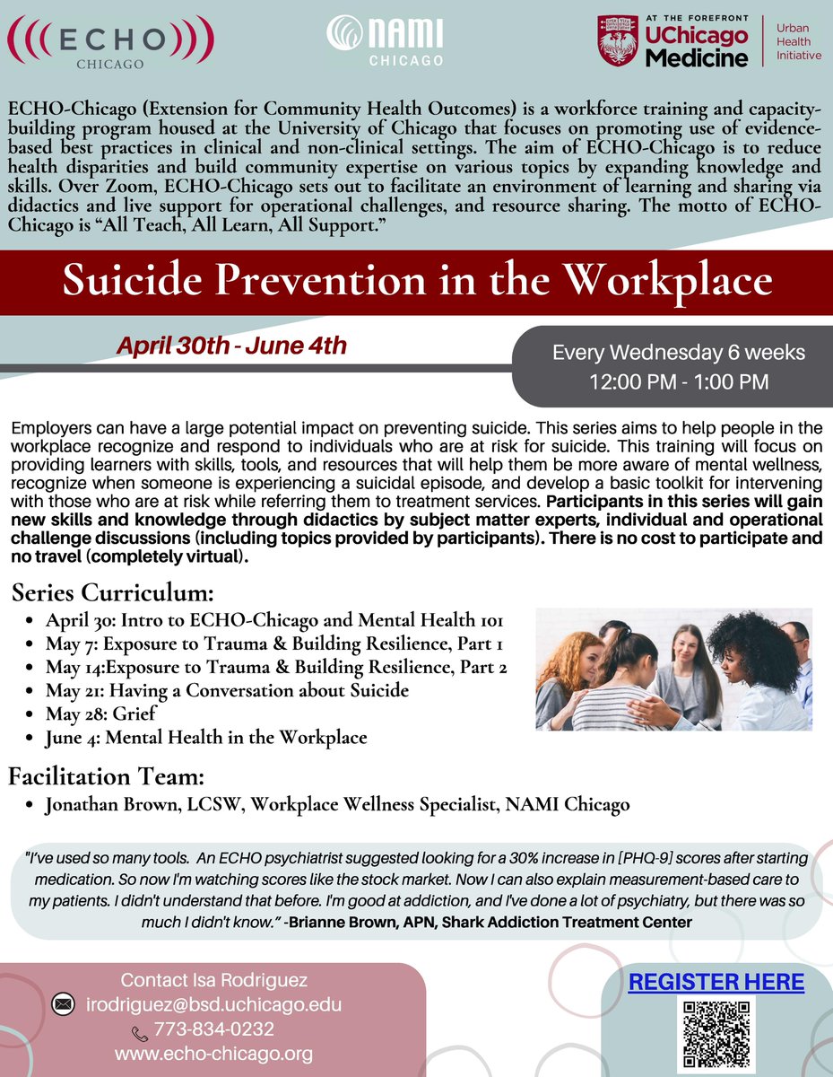 NAMI Chicago (@namichicago) on Twitter photo Are you interested in expanding your knowledge around suicide prevention in the workplace? Sign up for a free training series with <a href="/ECHOChicago/">ECHO-Chicago</a>, facilitated by our Workplace Wellness Specialist! Register here ➡️ redcap.uchicago.edu/surveys/?s=LDW… Are you interested in expanding your knowledge around suicide prevention in the workplace? Sign up for a free training series with <a href="/ECHOChicago/">ECHO-Chicago</a>, facilitated by our Workplace Wellness Specialist! Register here ➡️ redcap.uchicago.edu/surveys/?s=LDW…