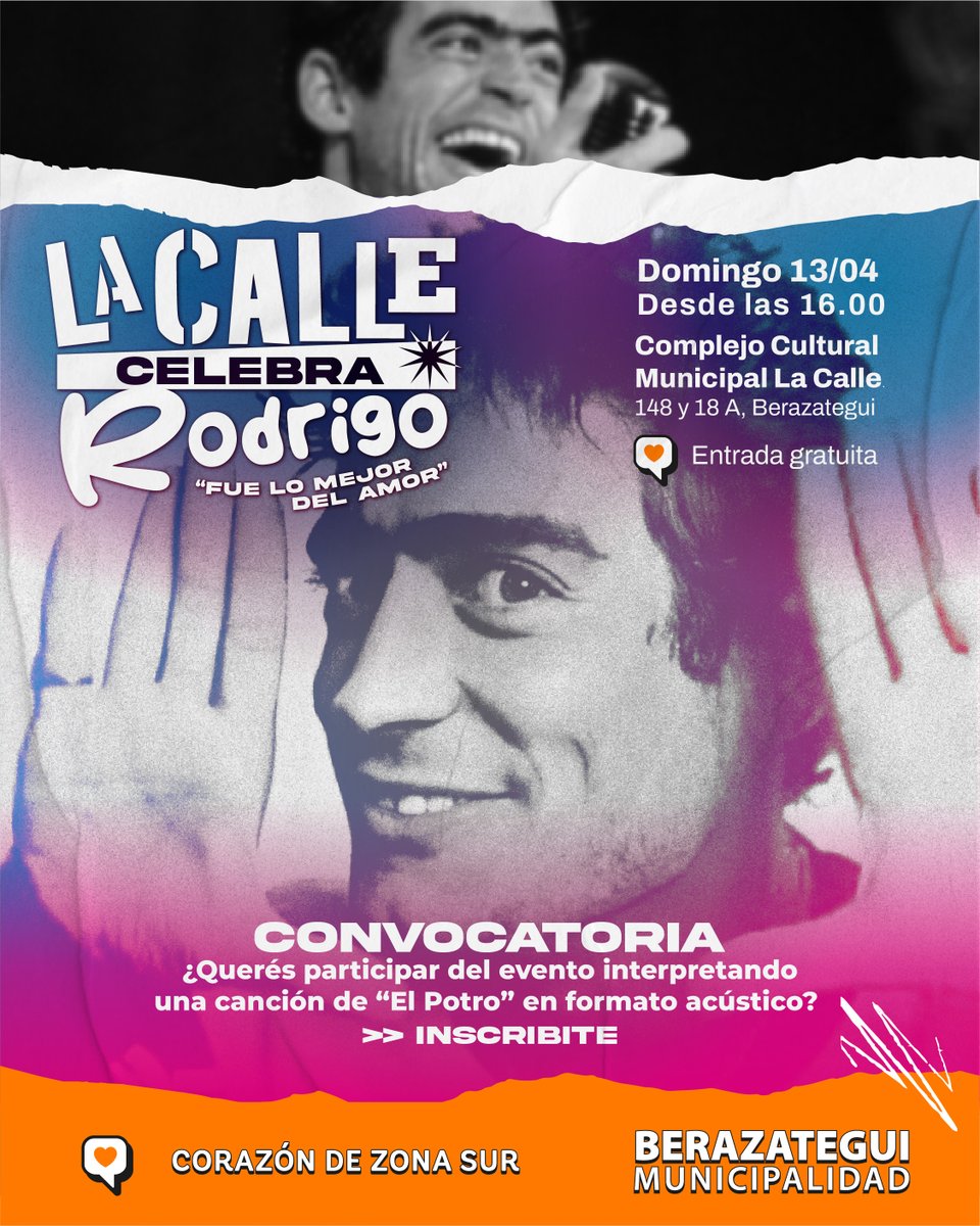 La Calle Celebra a Rodrigo 🎙️✨

👉🏻 Si sos solista, tenes un dúo o un trío, podés participar del evento interpretando una canción de El Potro en formato acústico.
Inscribite en forms.gle/faAHLXdhBCbMCq… 

¡Últimos días para anotarte! 👀